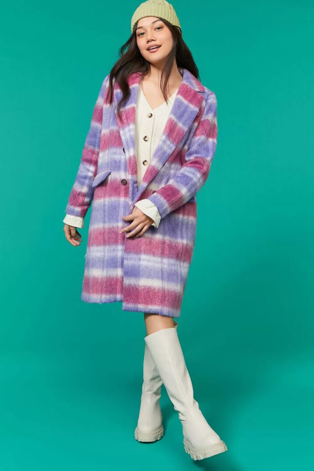 Jackets + Outerwear>Forever 21 Brushed Plaid Duster Coat Purple/Multi