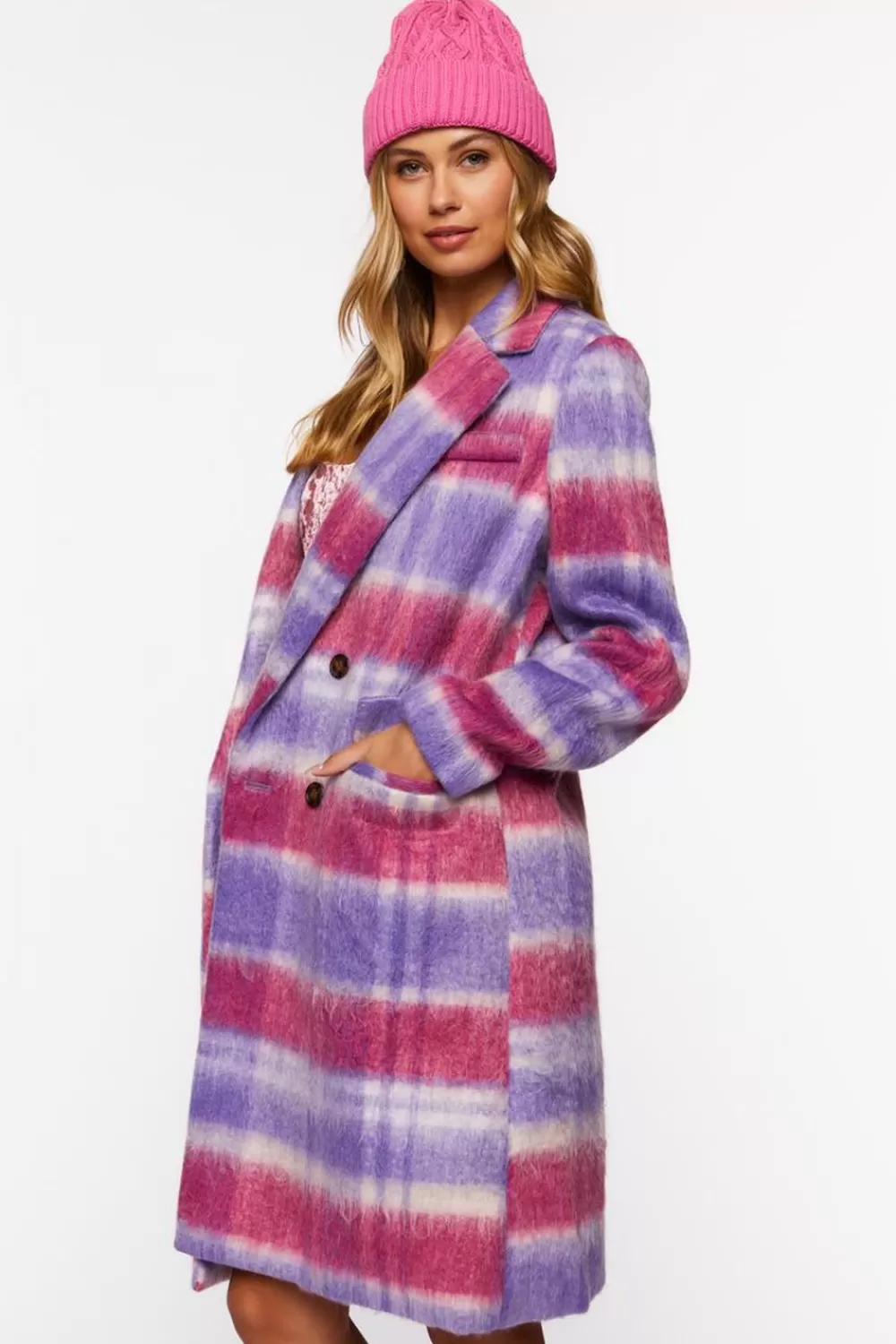 Jackets + Outerwear>Forever 21 Brushed Plaid Duster Coat Purple/Multi
