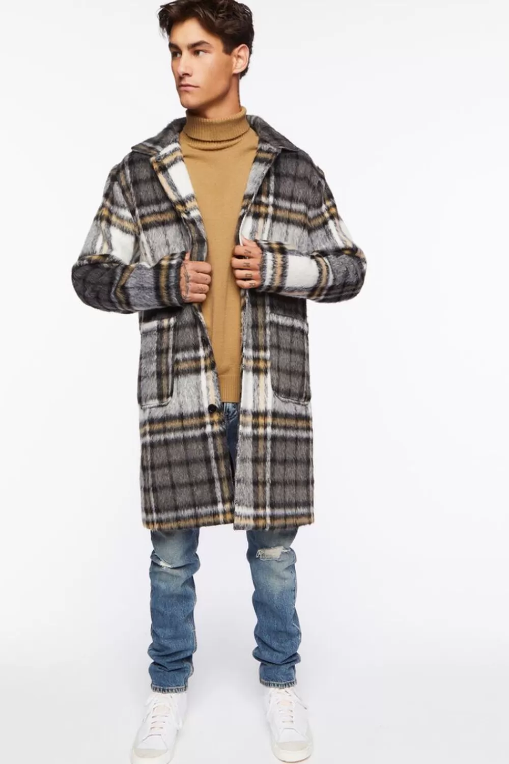Jackets + Outerwear>Forever 21 Brushed Plaid Longline Coat Black/Multi