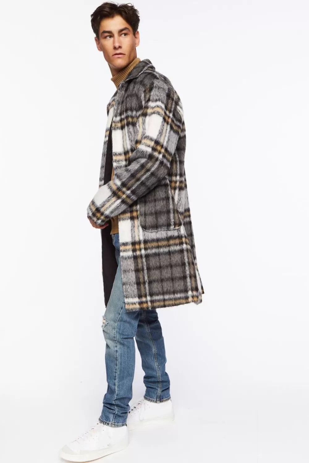 Jackets + Outerwear>Forever 21 Brushed Plaid Longline Coat Black/Multi
