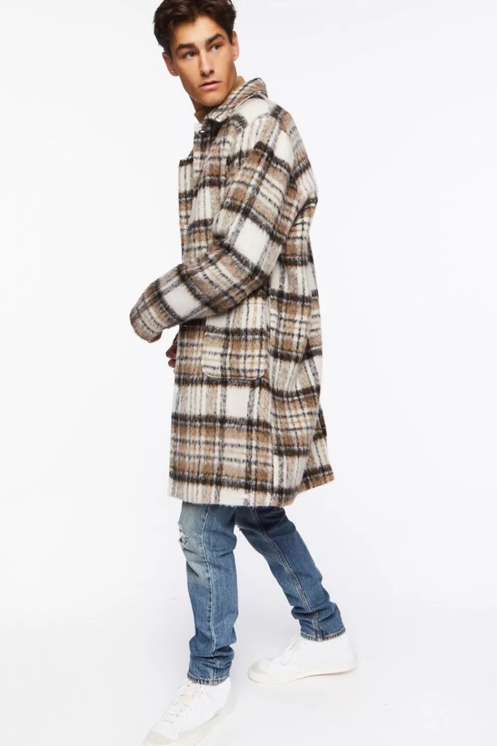 Jackets + Outerwear>Forever 21 Brushed Plaid Longline Coat Brown/Multi