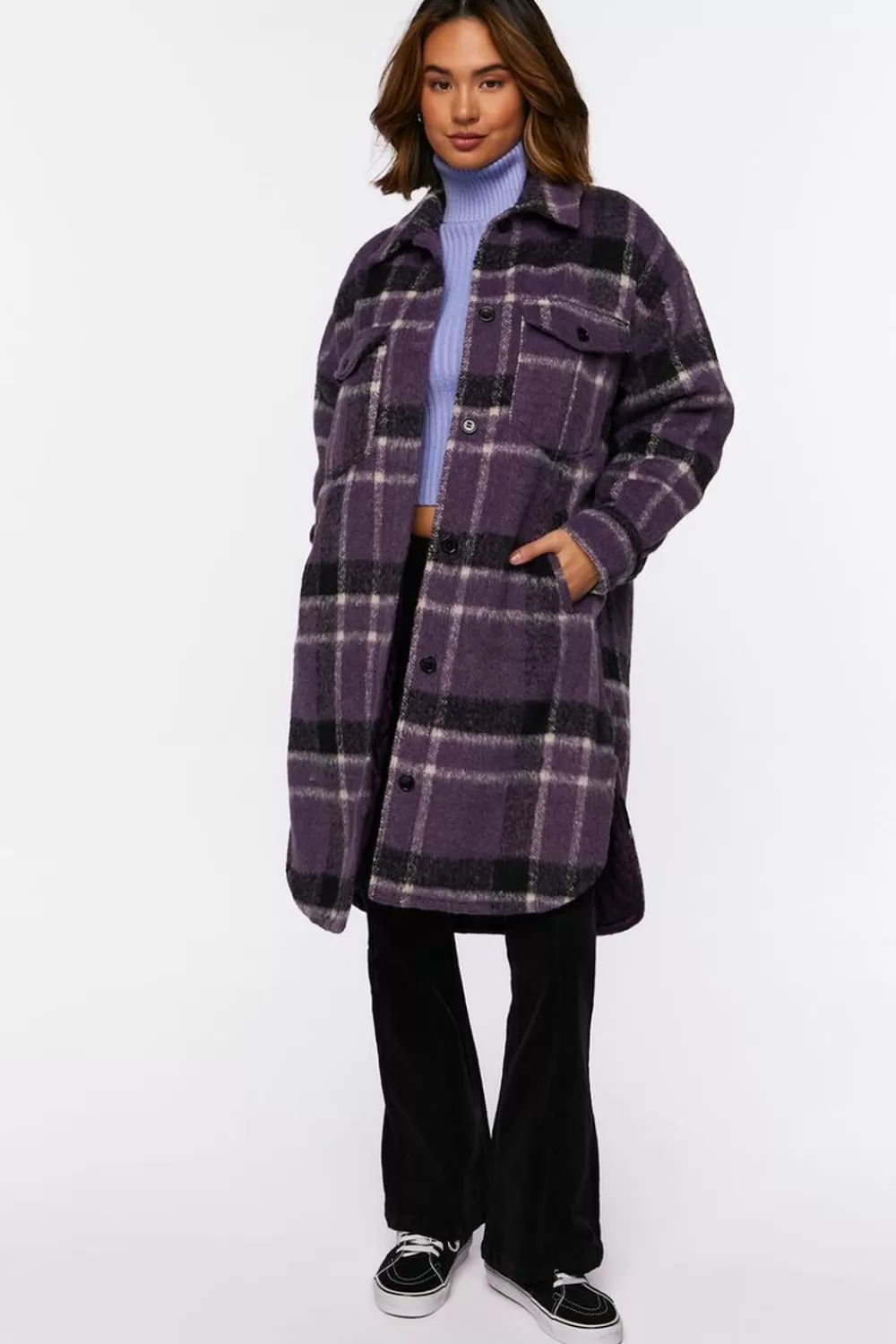 Jackets + Outerwear>Forever 21 Brushed Plaid Longline Shacket Plum/Multi