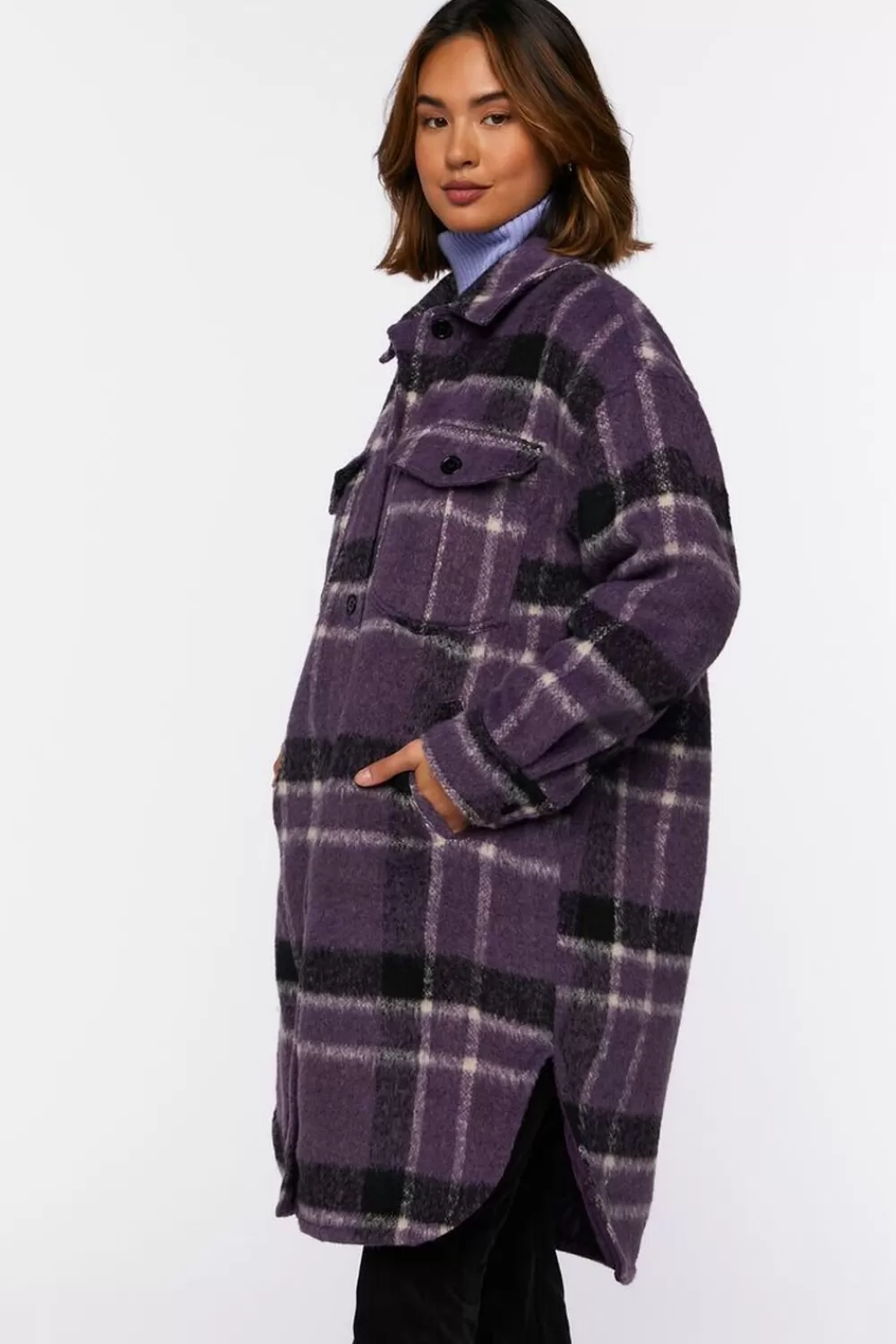 Jackets + Outerwear>Forever 21 Brushed Plaid Longline Shacket Plum/Multi