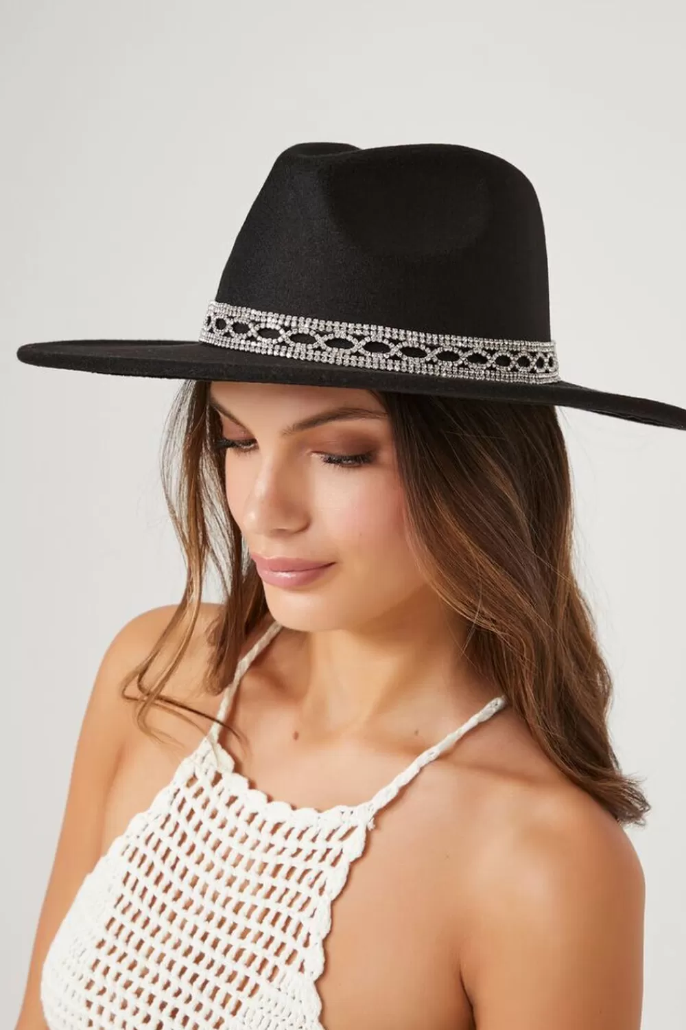 Hats + Beanies>Forever 21 Brushed Rhinestone-Trim Fedora Black/Silver