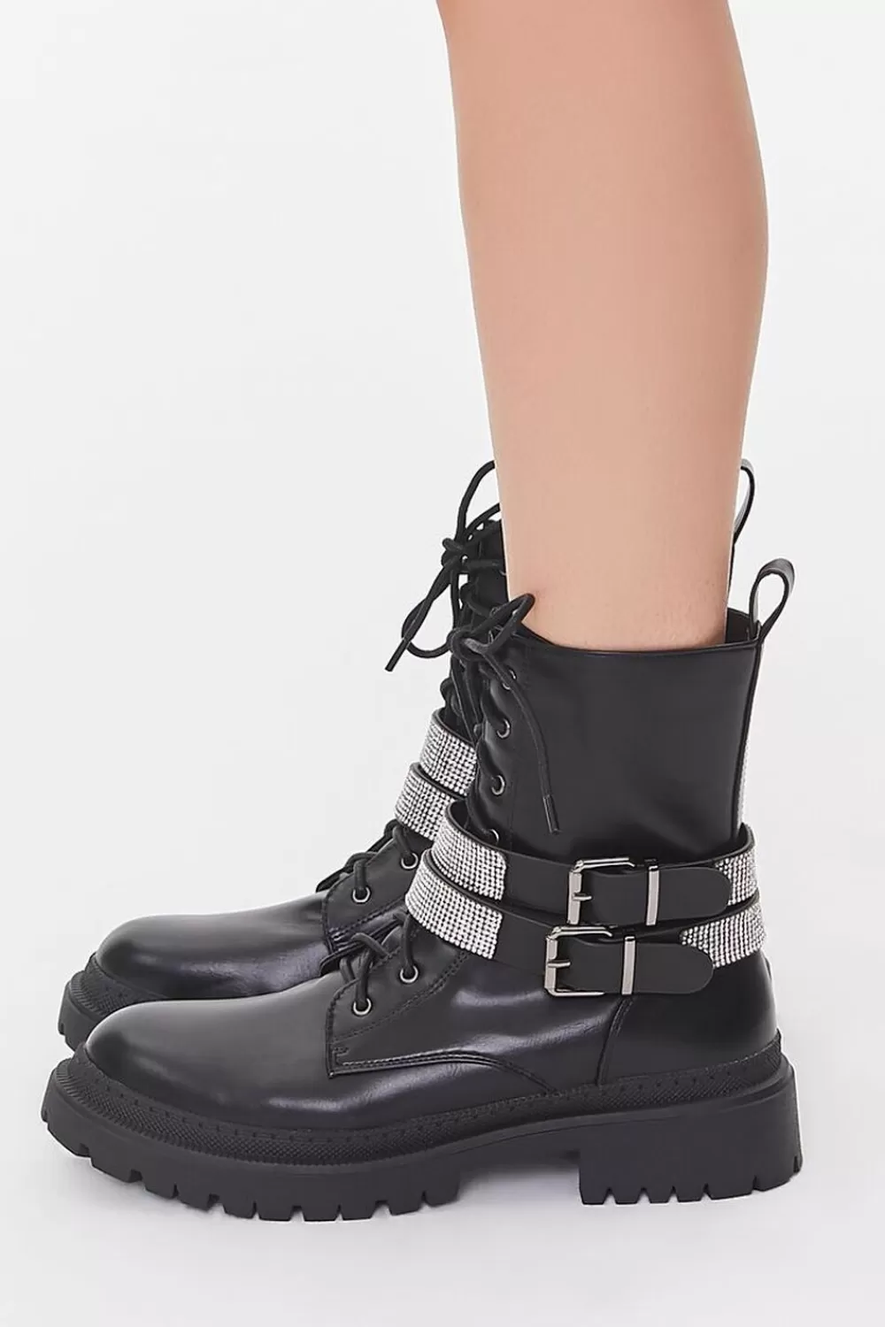 Boots + Booties>Forever 21 Buckled Rhinestone Combat Booties Black