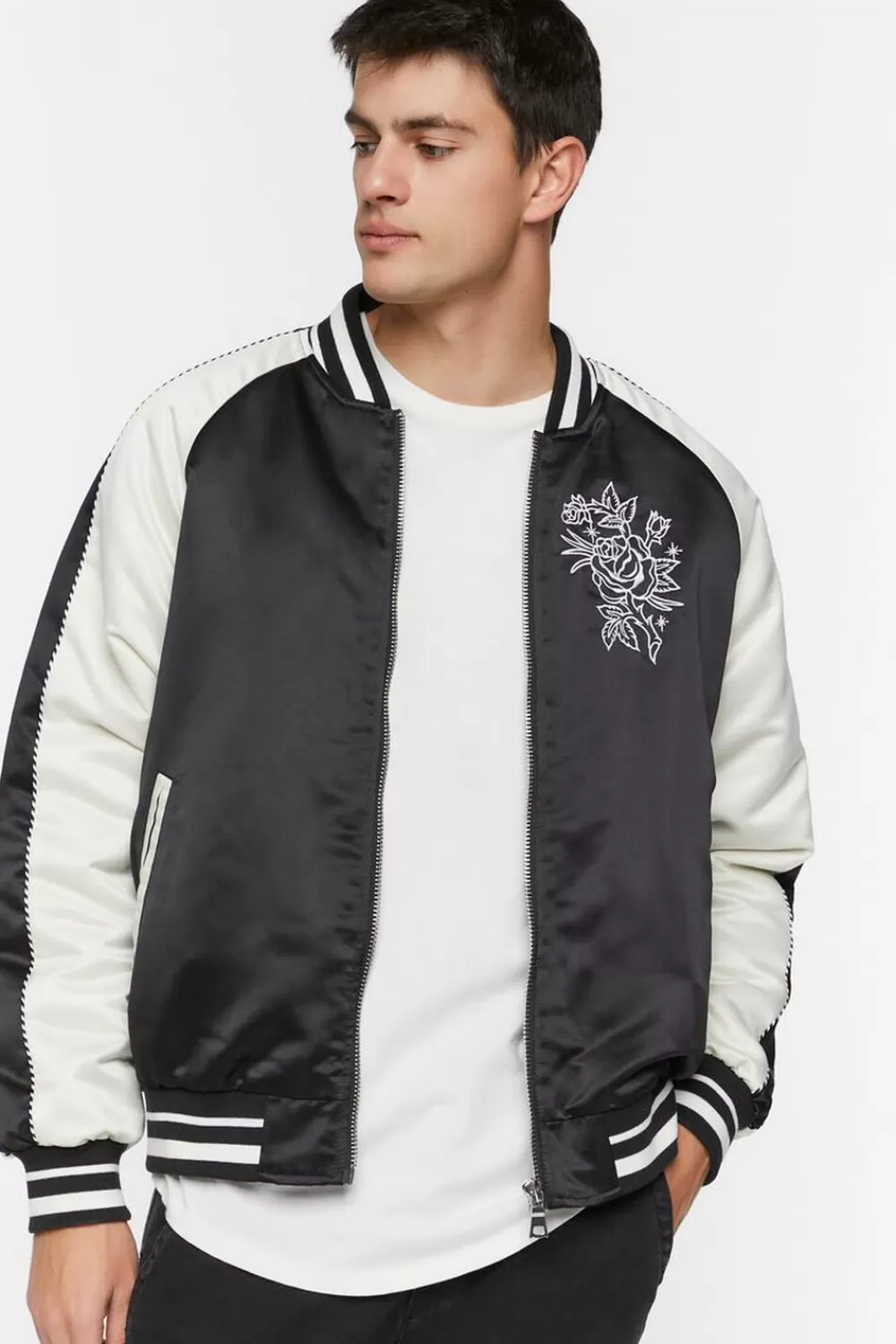 Jackets + Outerwear>Forever 21 Buena Suerte Varsity Souvenir Jacket Black/White