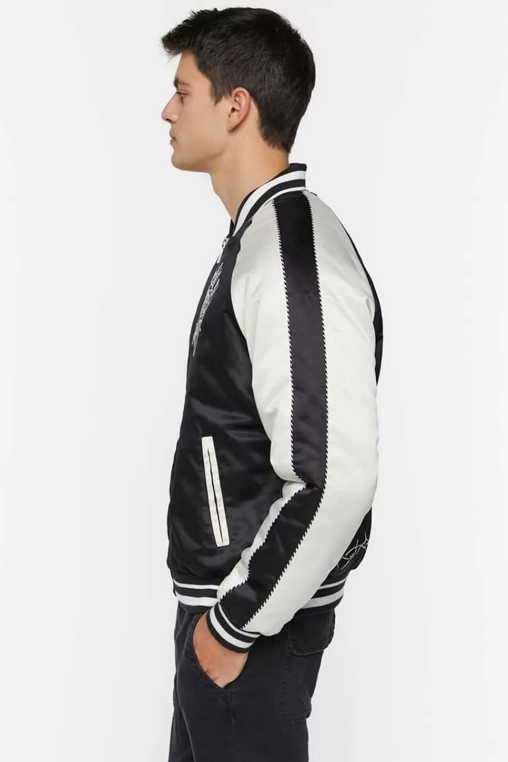 Jackets + Outerwear>Forever 21 Buena Suerte Varsity Souvenir Jacket Black/White