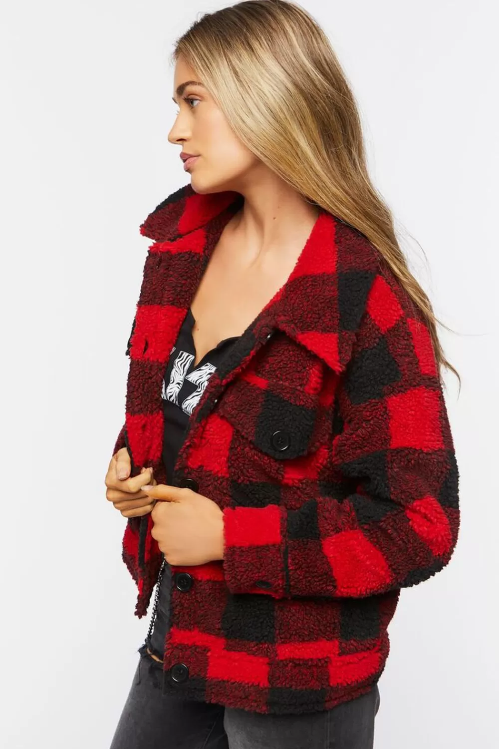 Jackets + Outerwear>Forever 21 Buffalo Plaid Faux Shearling Coat Red/Black