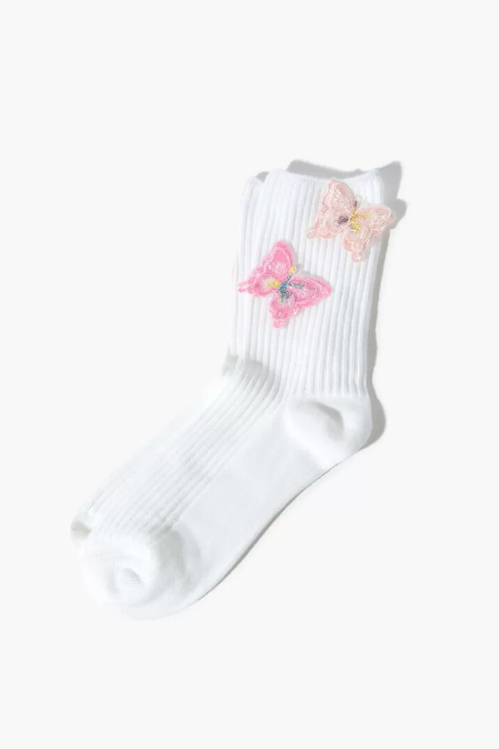 Socks + Tights>Forever 21 Butterfly Applique Crew Socks White/Multi