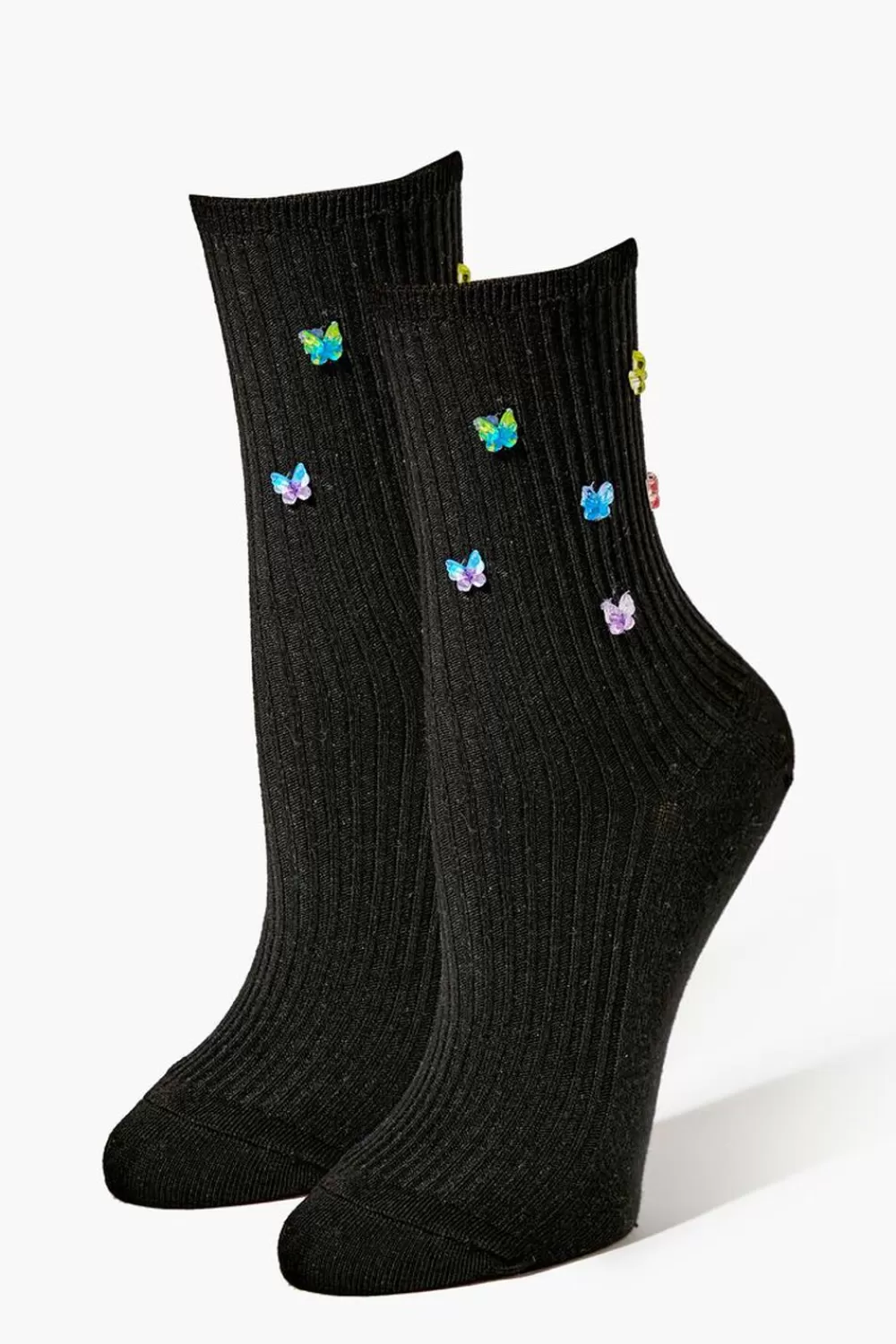 Socks + Tights>Forever 21 Butterfly Embellished Crew Socks Black/Multi