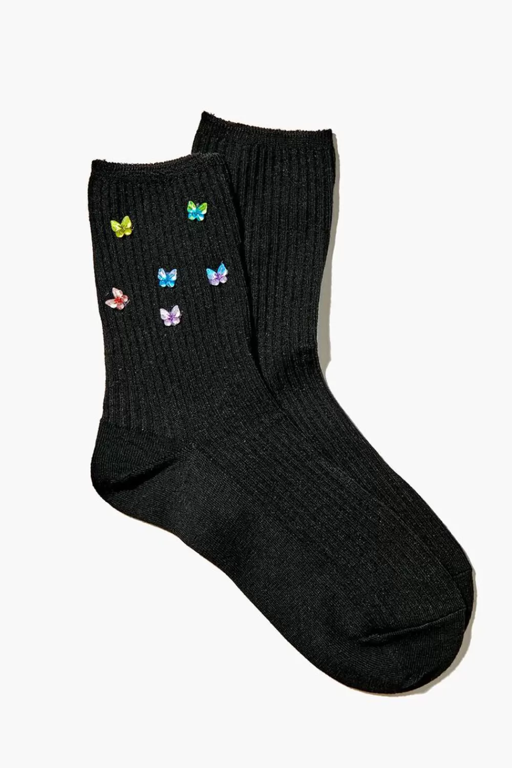 Socks + Tights>Forever 21 Butterfly Embellished Crew Socks Black/Multi
