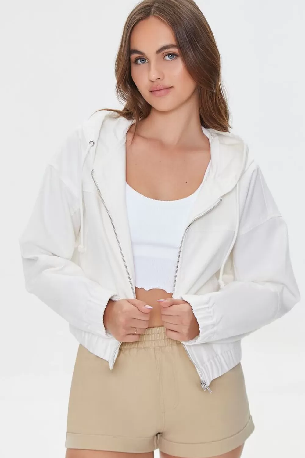 Jackets + Outerwear>Forever 21 Canvas Zip-Up Hooded Jacket Cream
