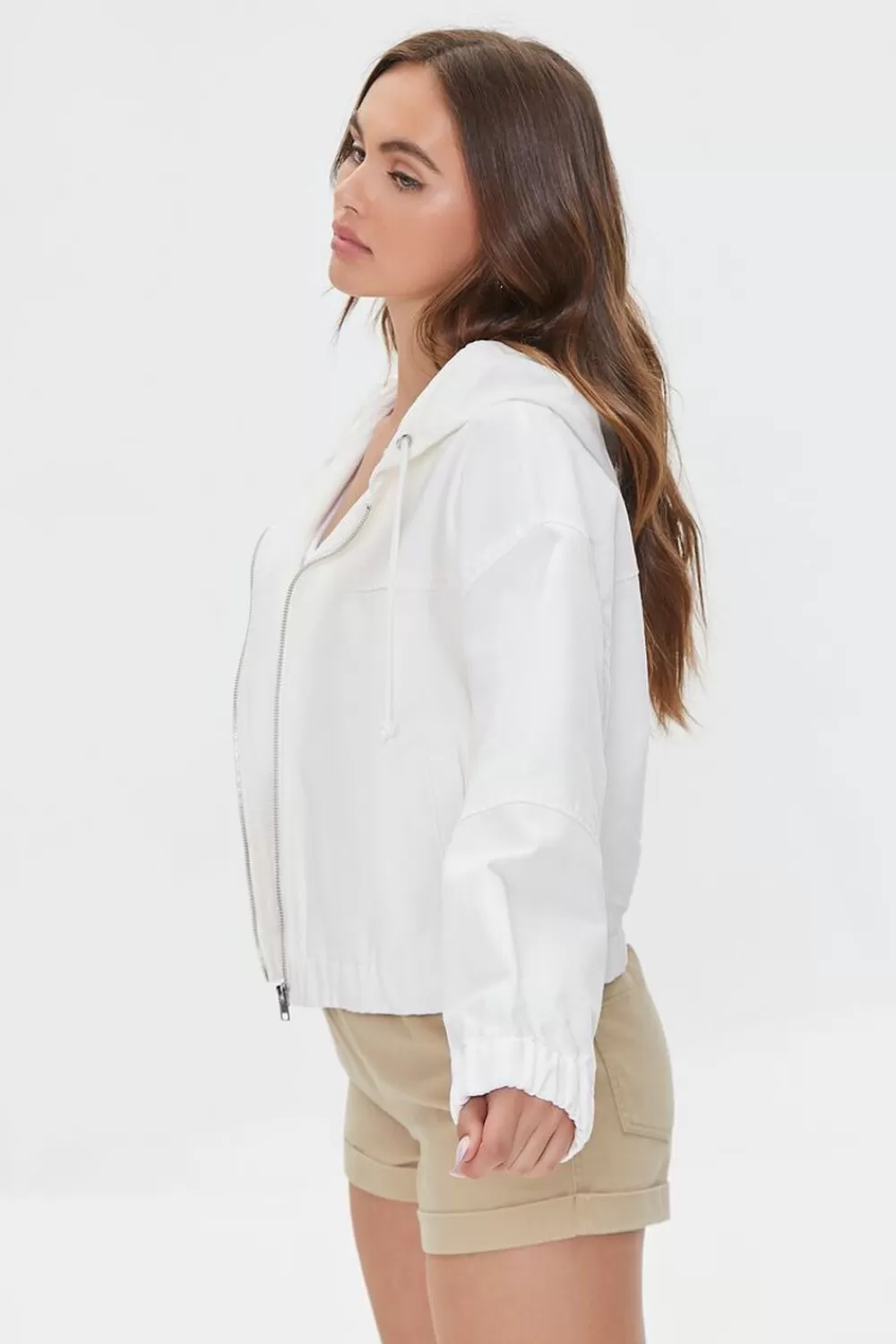 Jackets + Outerwear>Forever 21 Canvas Zip-Up Hooded Jacket Cream
