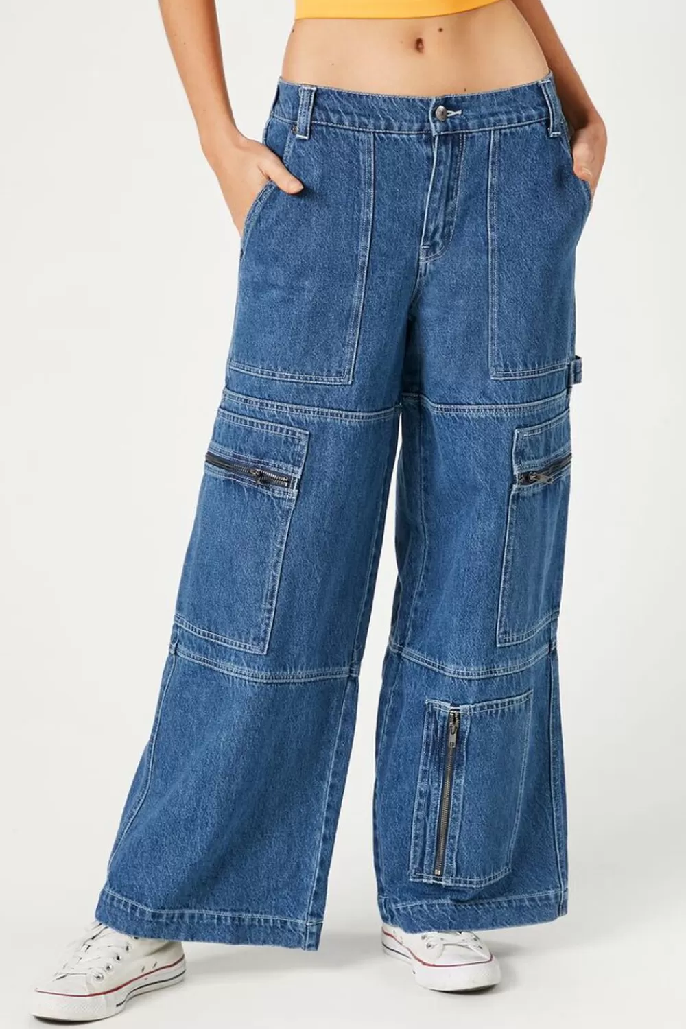 Bottoms>Forever 21 Cargo Wide-Leg Jeans Dark Denim