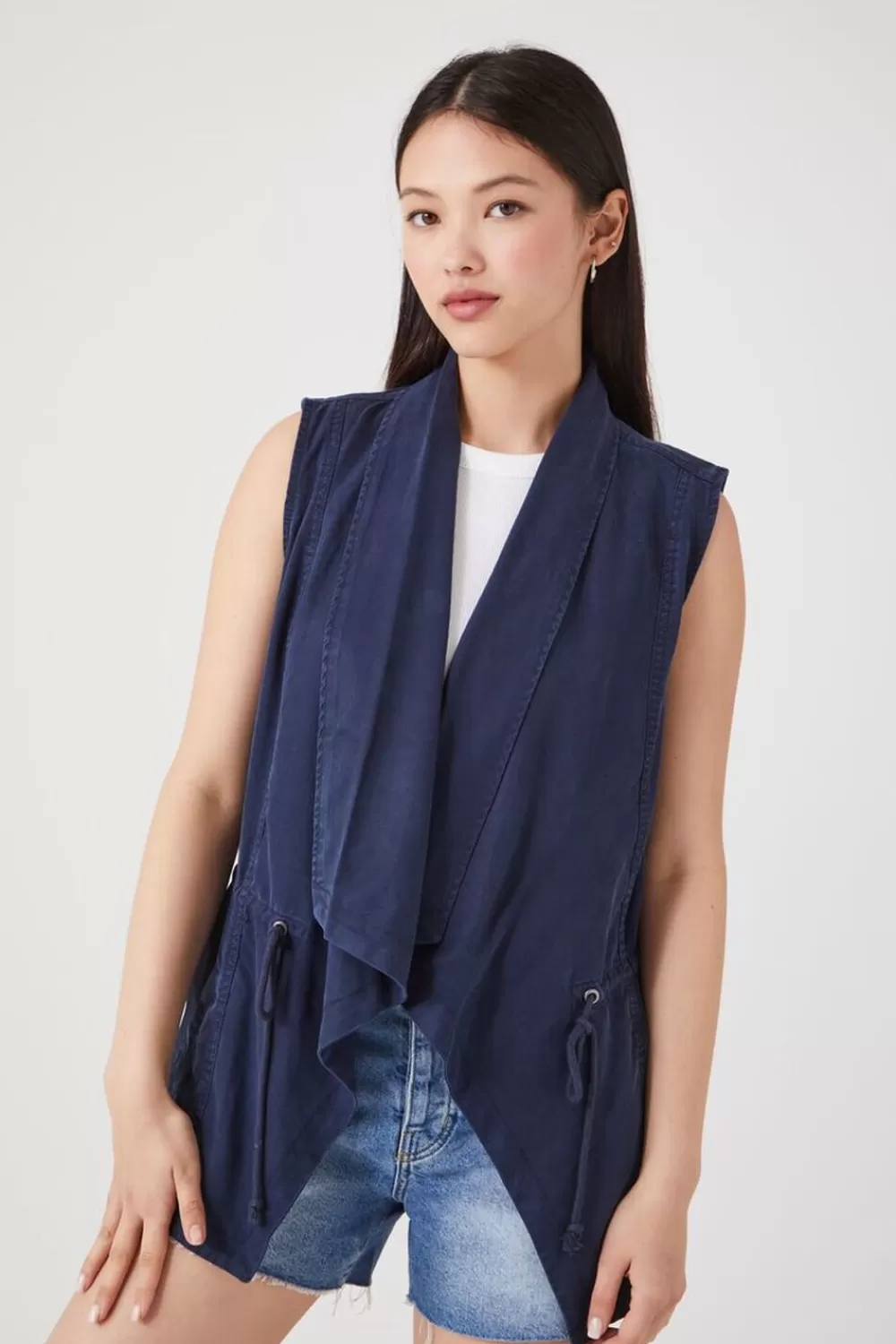 Jackets + Outerwear>Forever 21 Chambray Open-Front Vest Navy