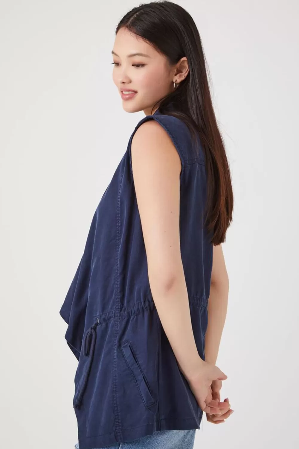 Jackets + Outerwear>Forever 21 Chambray Open-Front Vest Navy