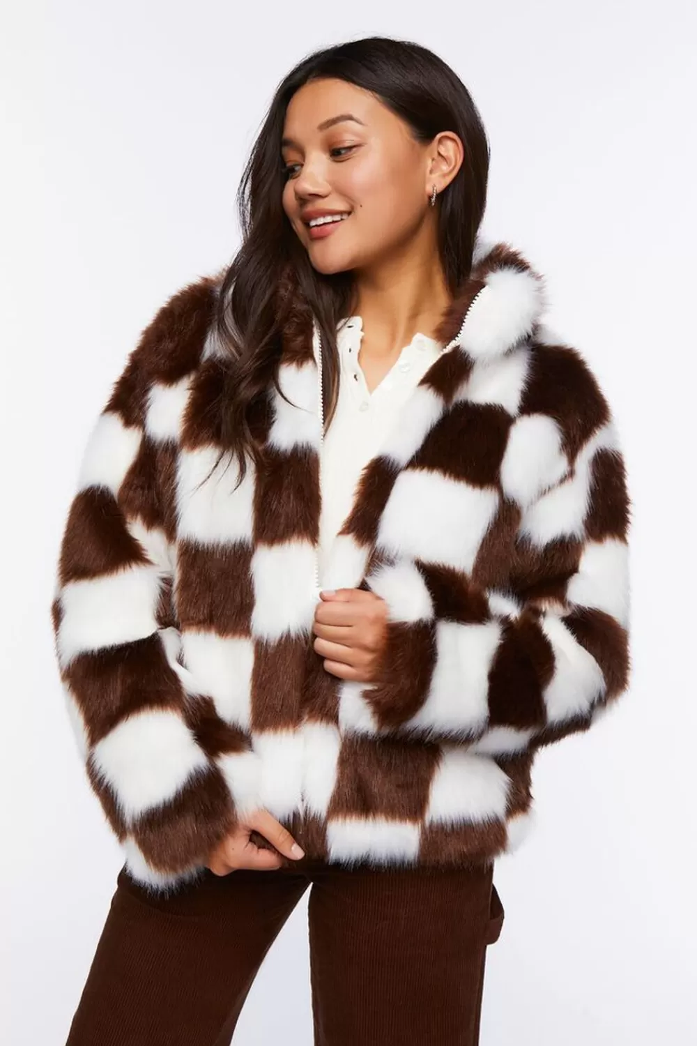 Jackets + Outerwear>Forever 21 Checkered Faux Fur Coat Dark Brown/White