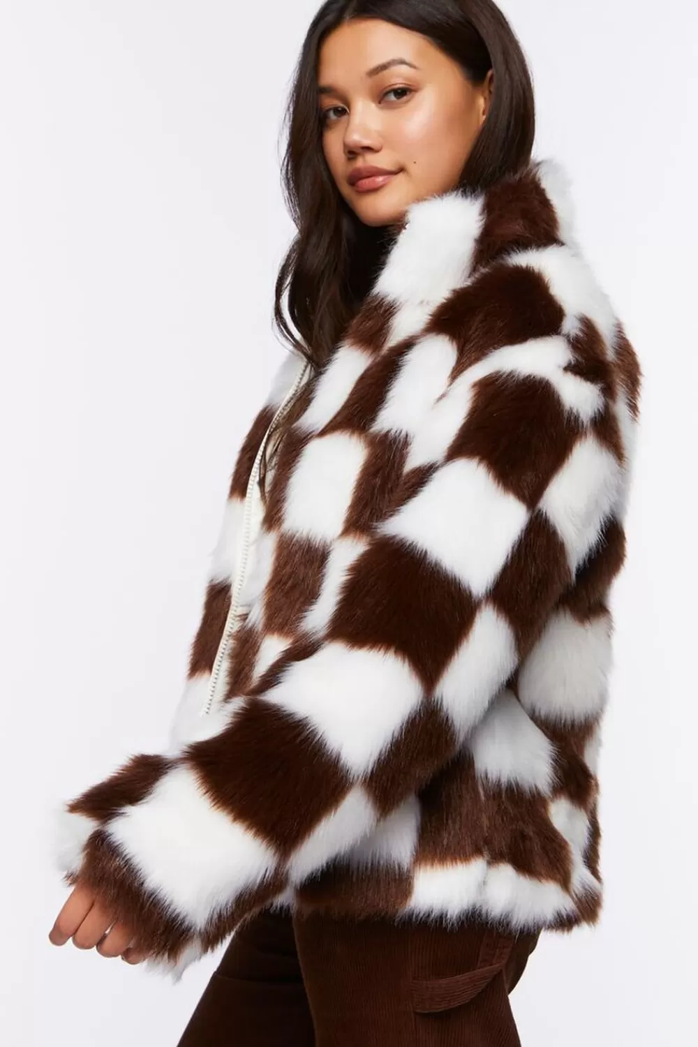 Jackets + Outerwear>Forever 21 Checkered Faux Fur Coat Dark Brown/White