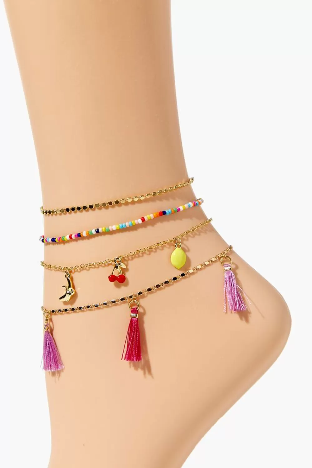 Body Jewelry>Forever 21 Cherry Charm Chain Anklet Set Gold/Red