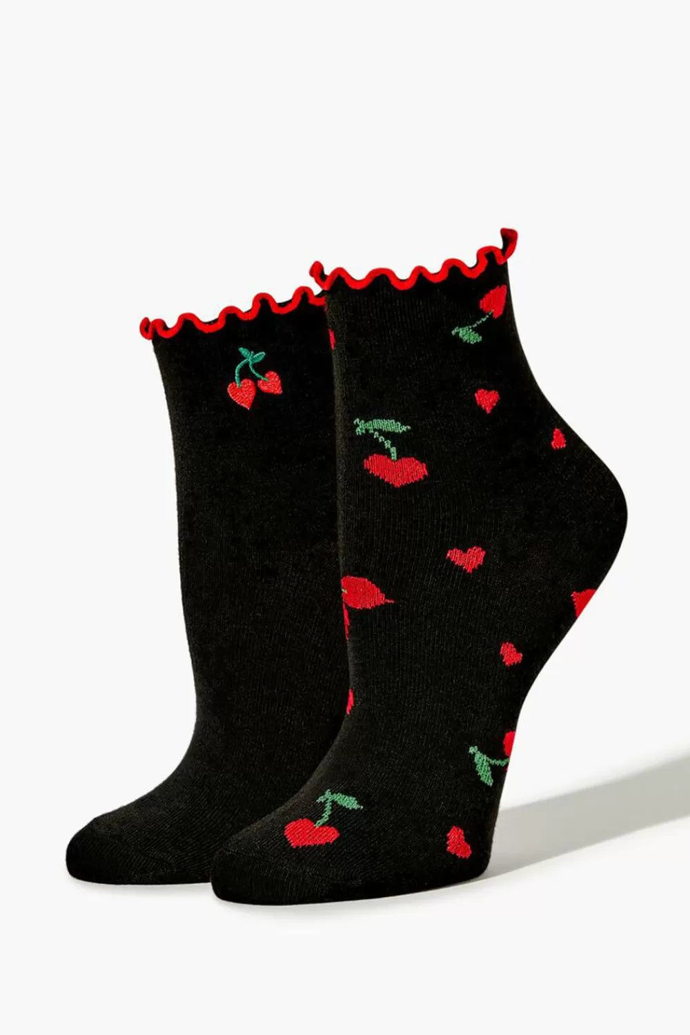 Socks + Tights>Forever 21 Cherry Heart Print Crew Sock Set - 2 Pack Black/Multi
