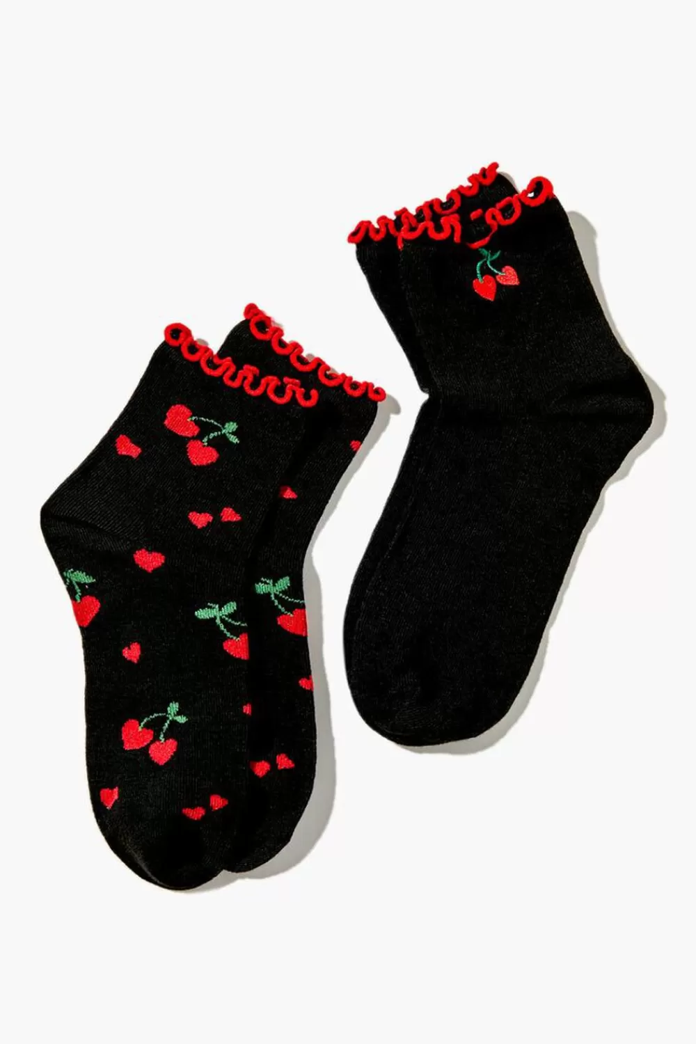 Socks + Tights>Forever 21 Cherry Heart Print Crew Sock Set - 2 Pack Black/Multi