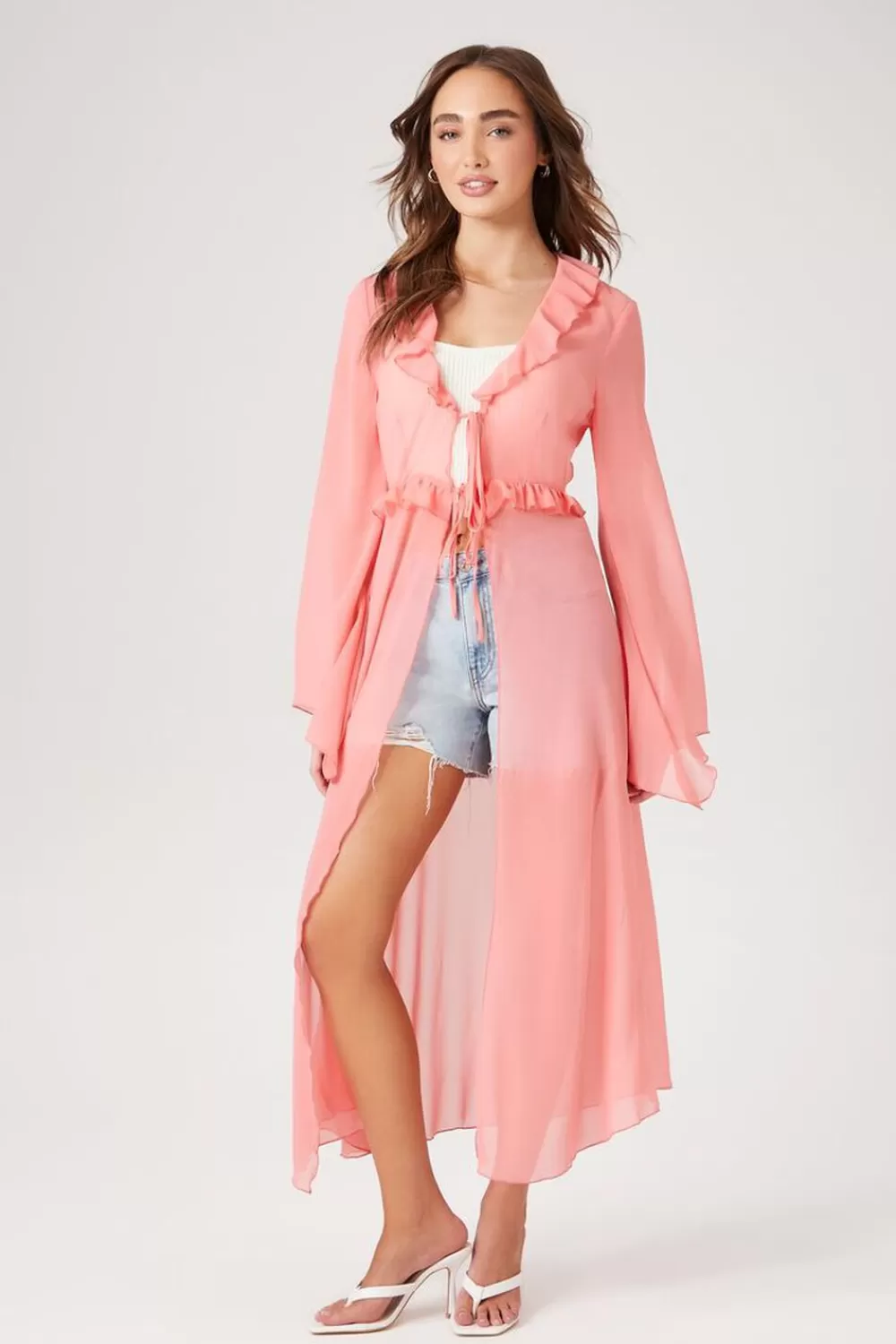 Jackets + Outerwear>Forever 21 Chiffon Ruffle-Trim Kimono Coral