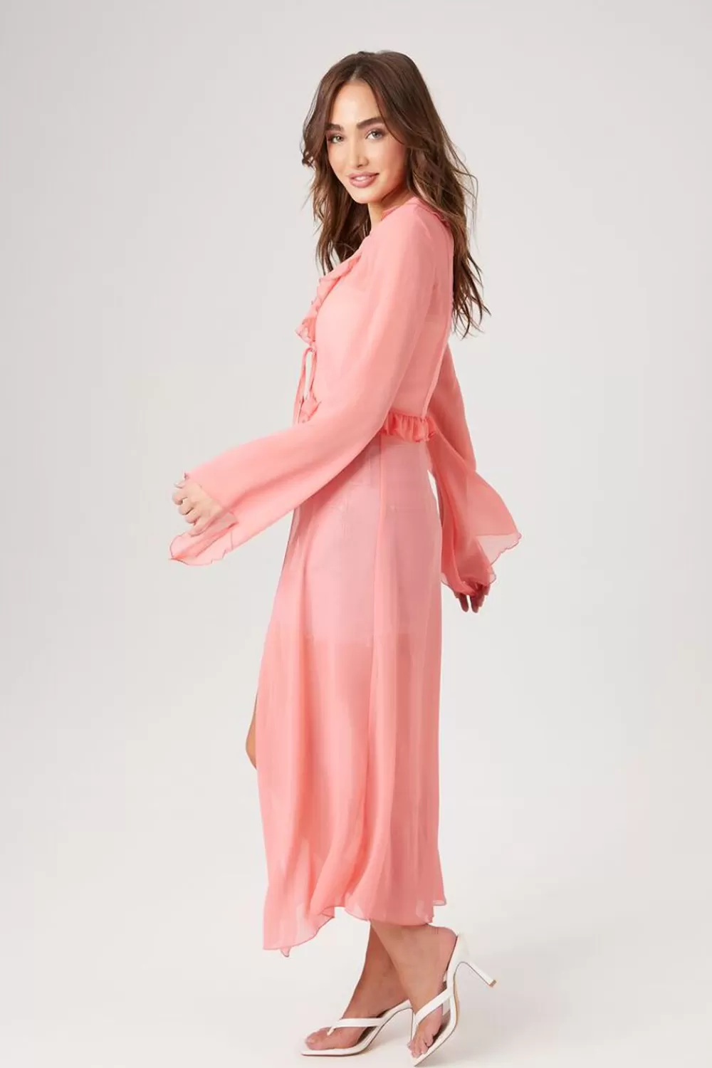 Jackets + Outerwear>Forever 21 Chiffon Ruffle-Trim Kimono Coral
