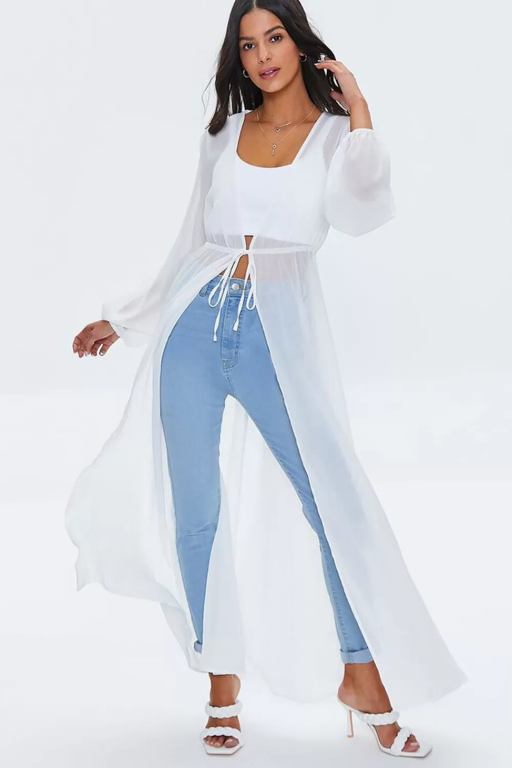 Jackets + Outerwear>Forever 21 Chiffon Self-Tie Duster Kimono White