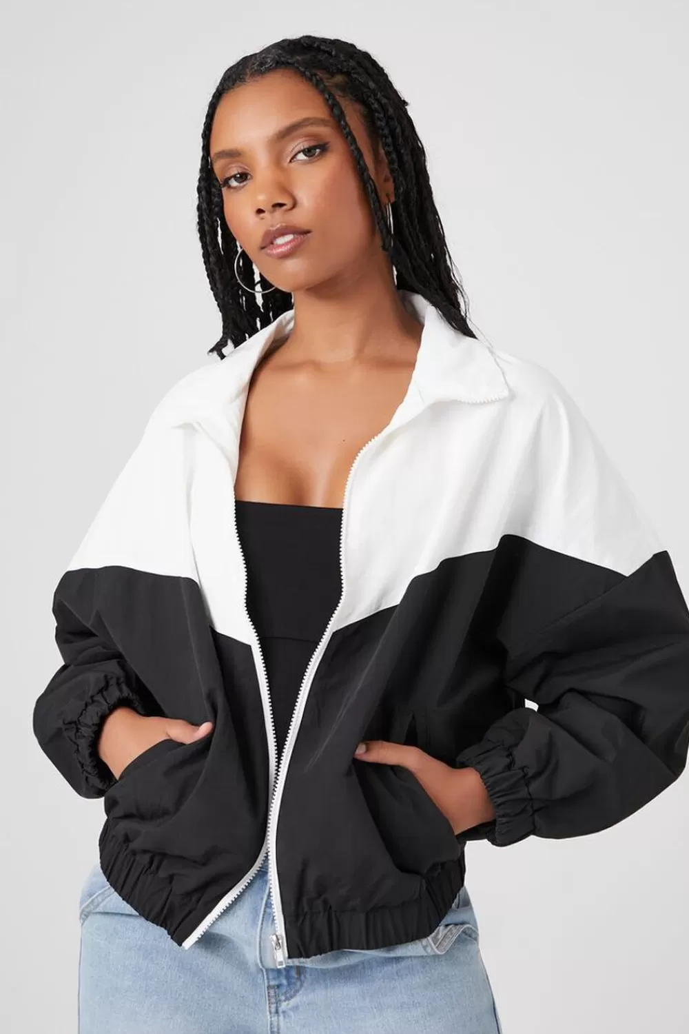 Jackets + Outerwear>Forever 21 Colorblock Bomber Jacket White/Black