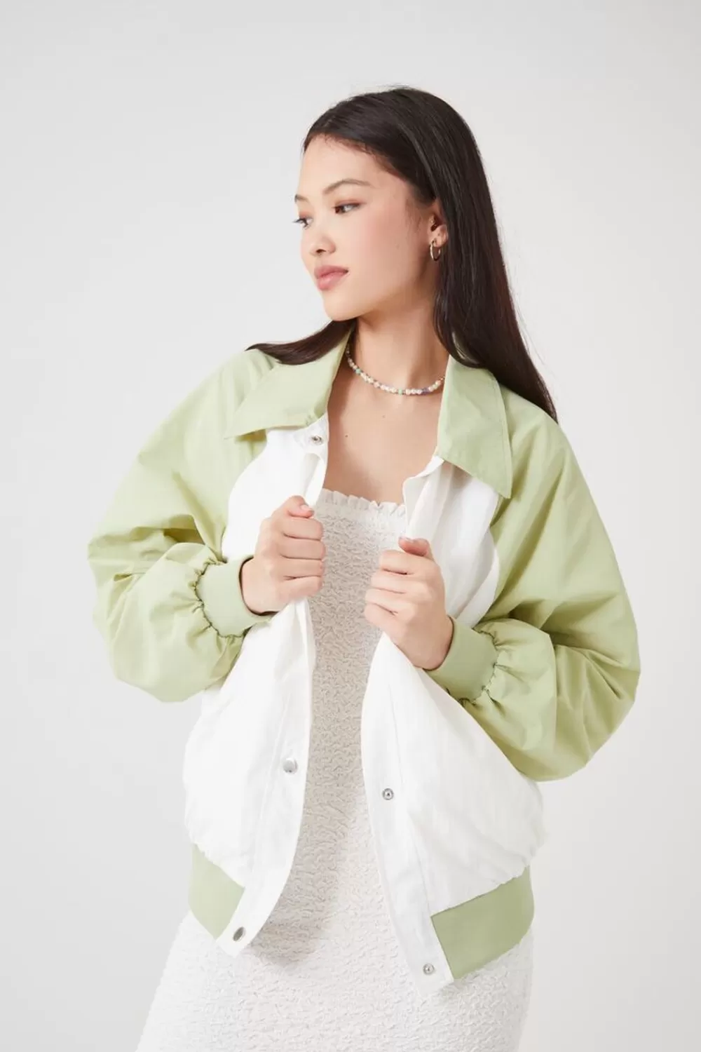 Jackets + Outerwear>Forever 21 Colorblock Bomber Jacket Light Olive/White