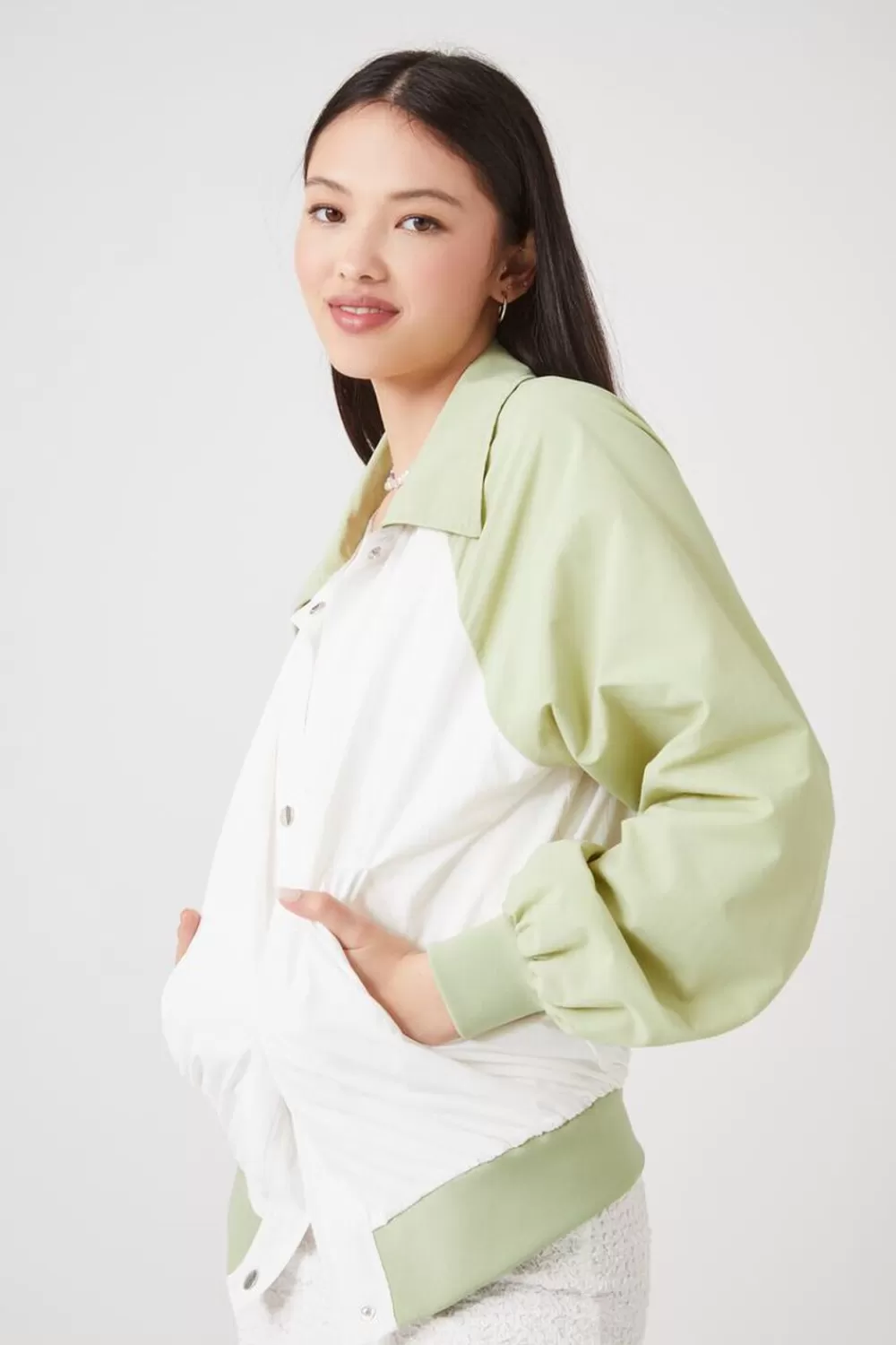 Jackets + Outerwear>Forever 21 Colorblock Bomber Jacket Light Olive/White