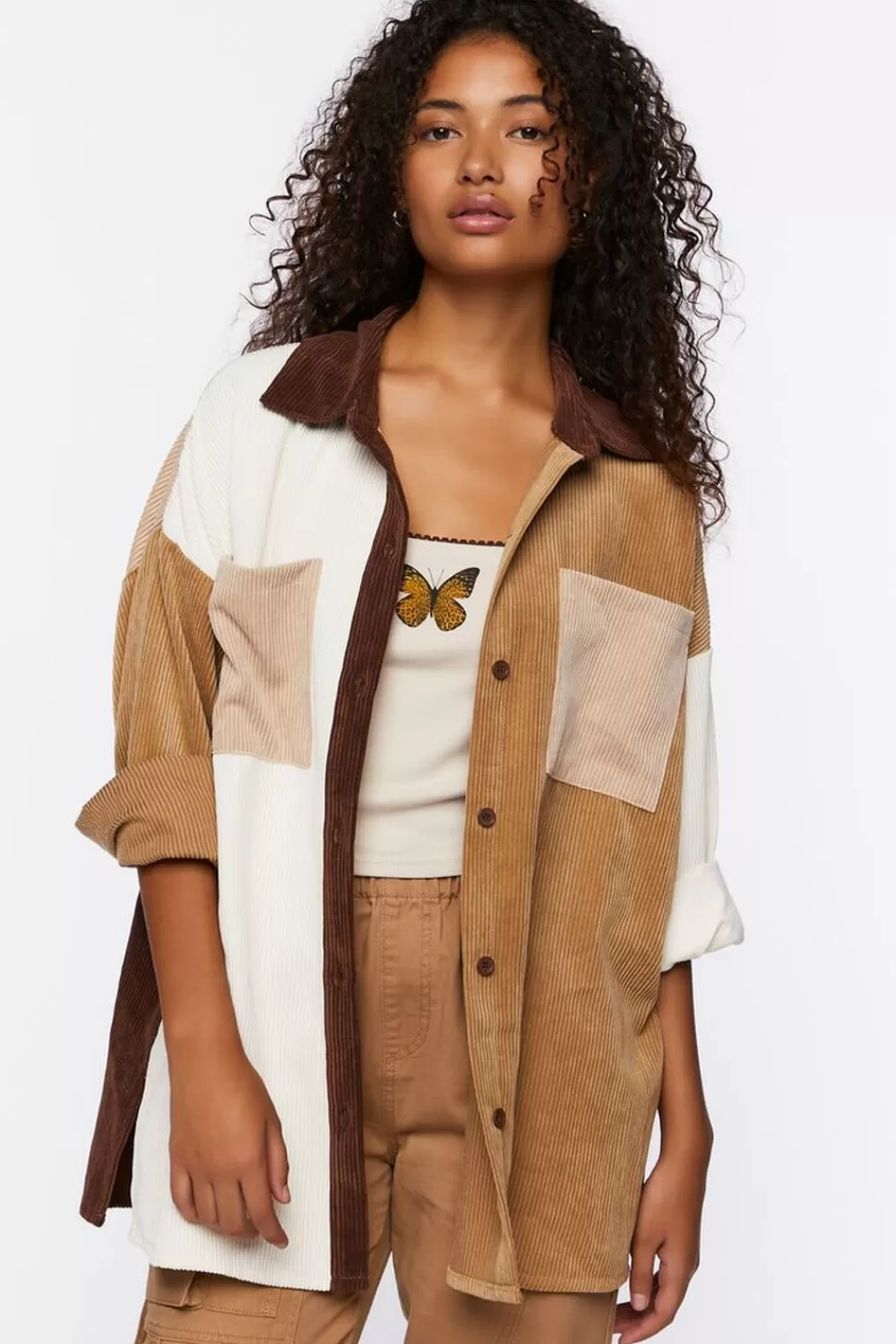 Jackets + Outerwear>Forever 21 Colorblock Corduroy Shacket Brown/Multi