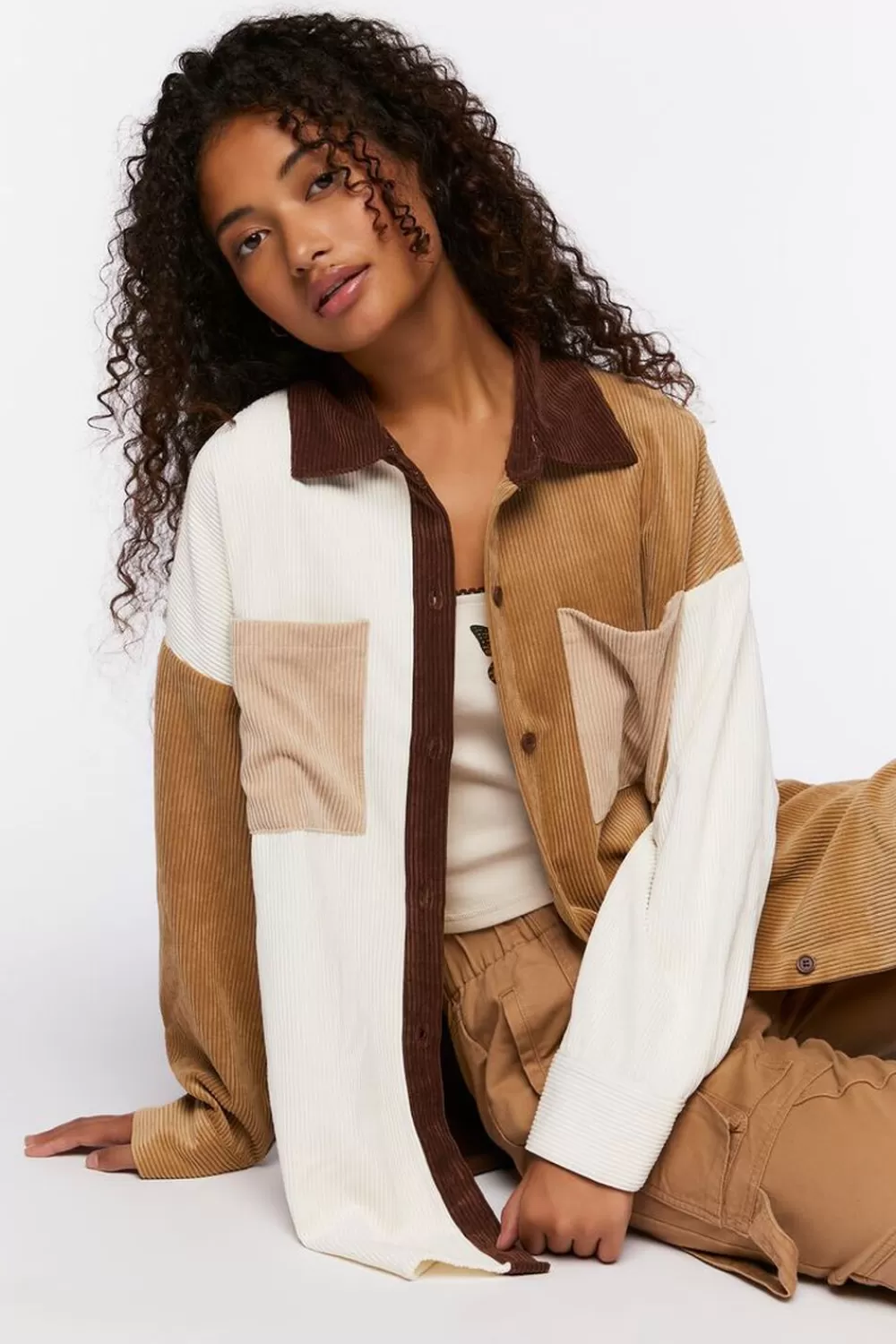 Jackets + Outerwear>Forever 21 Colorblock Corduroy Shacket Brown/Multi