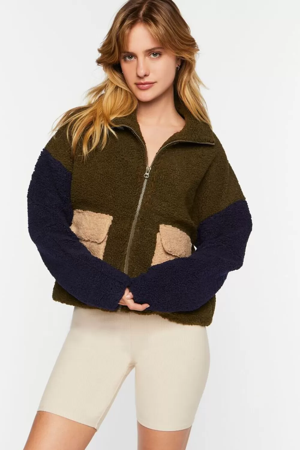 Jackets + Outerwear>Forever 21 Colorblock Faux Shearling Zip-Up Jacket Olive/Tan