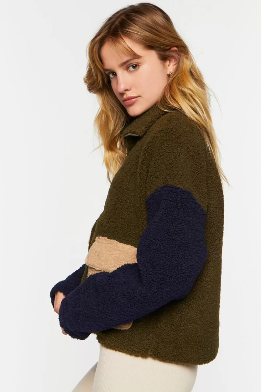 Jackets + Outerwear>Forever 21 Colorblock Faux Shearling Zip-Up Jacket Olive/Tan