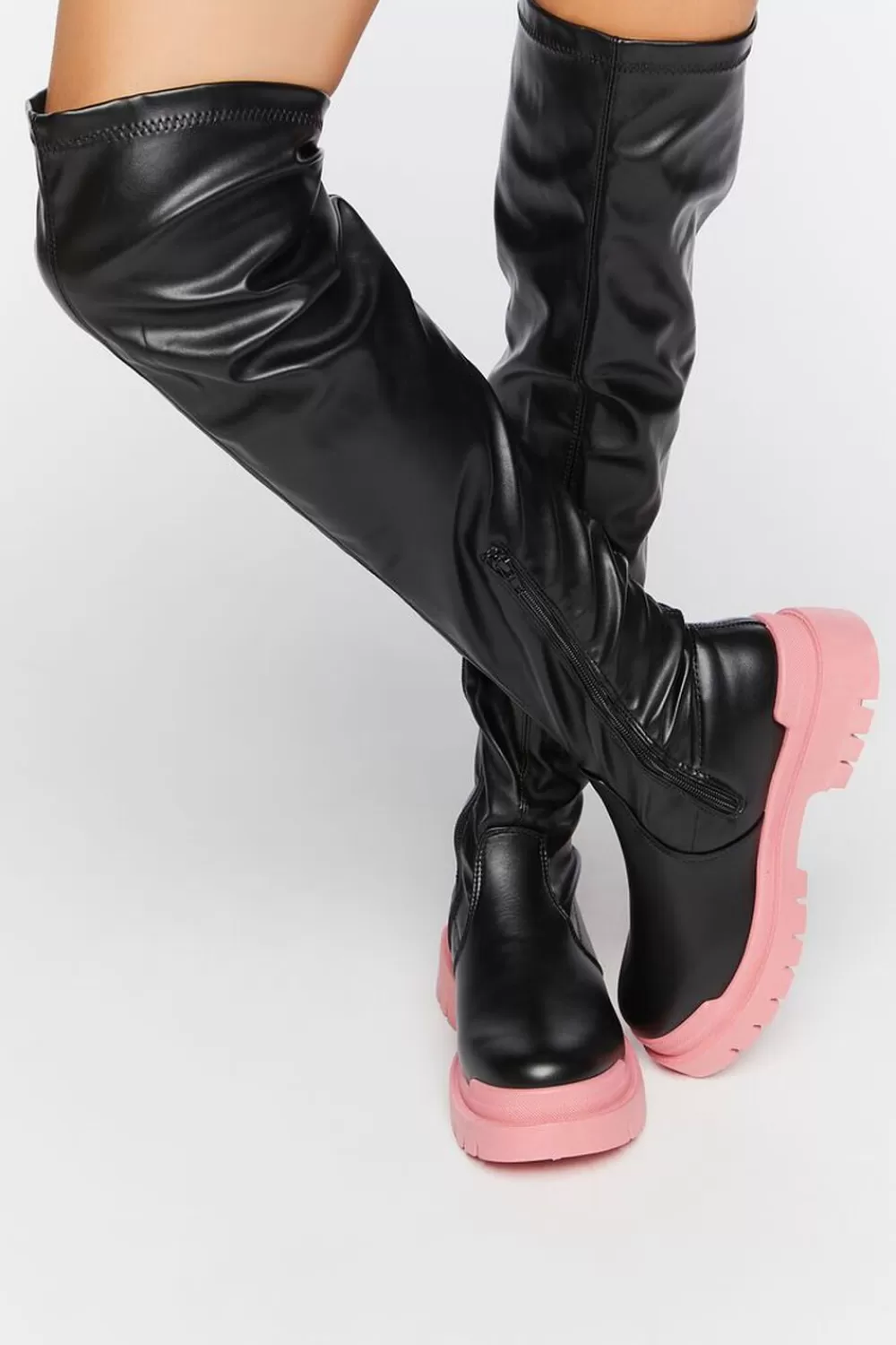 Boots + Booties>Forever 21 Colorblock Over-The-Knee Lug-Sole Boots Black/Pink