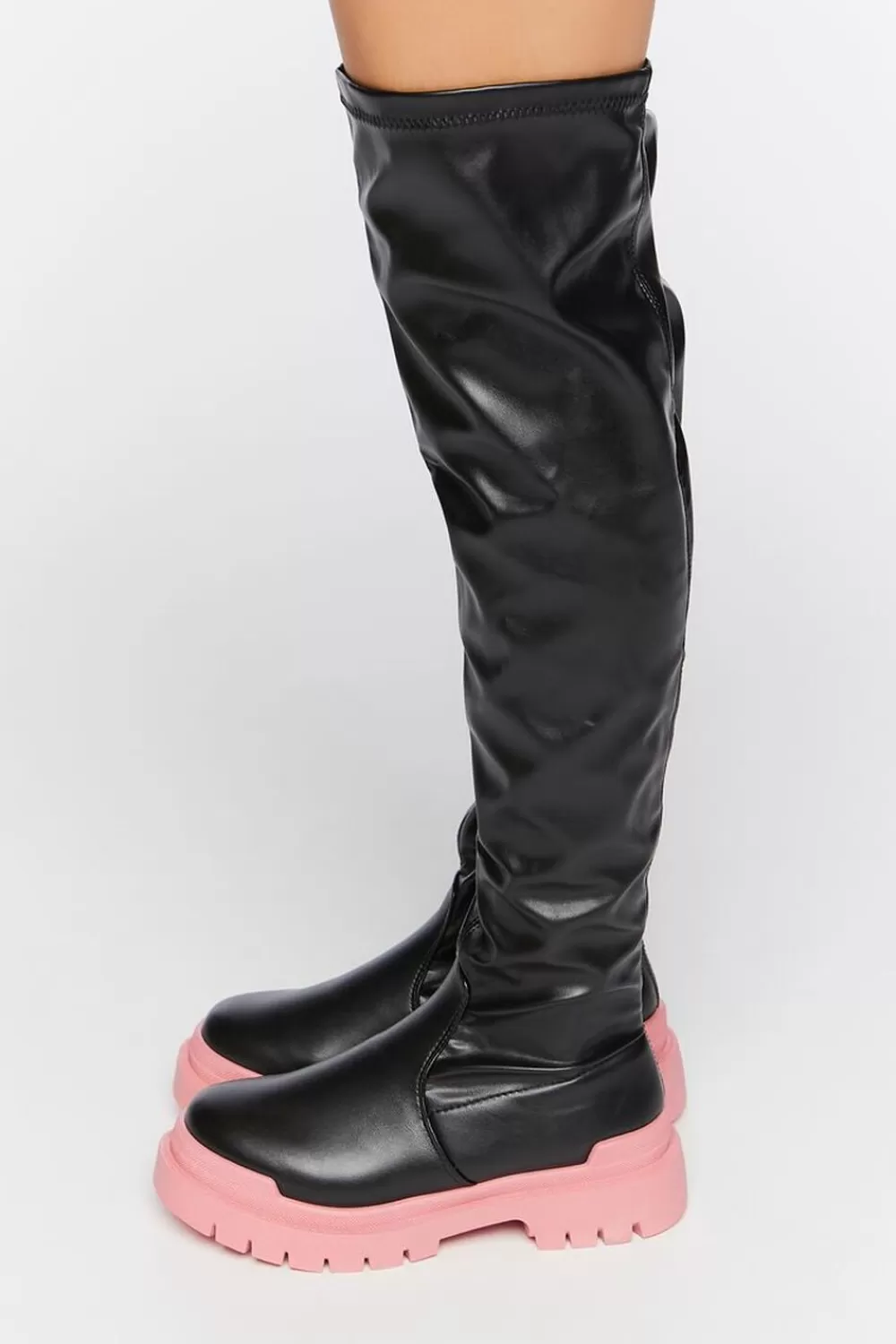 Boots + Booties>Forever 21 Colorblock Over-The-Knee Lug-Sole Boots Black/Pink