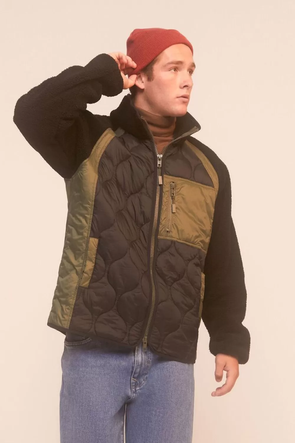 Jackets + Outerwear>Forever 21 Colorblock Quilted Bomber Jacket Black/Olive