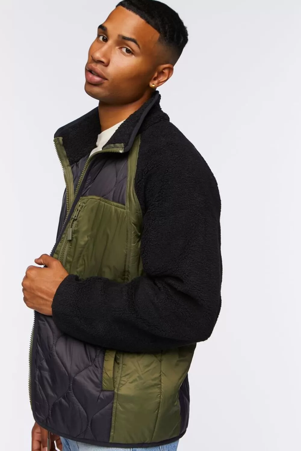 Jackets + Outerwear>Forever 21 Colorblock Quilted Bomber Jacket Black/Olive