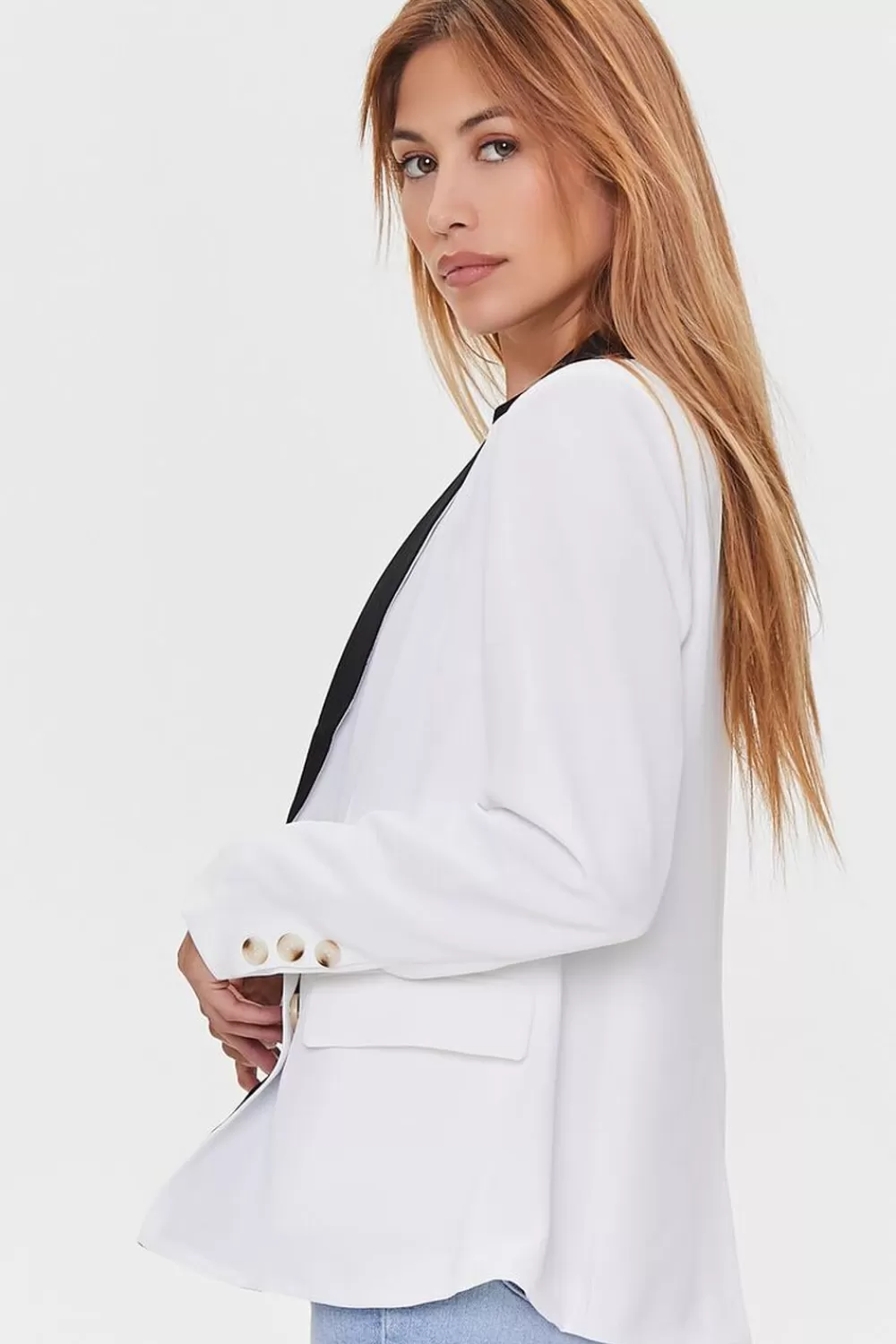 Jackets + Outerwear>Forever 21 Contrast-Trim Buttoned Blazer Cream/Black