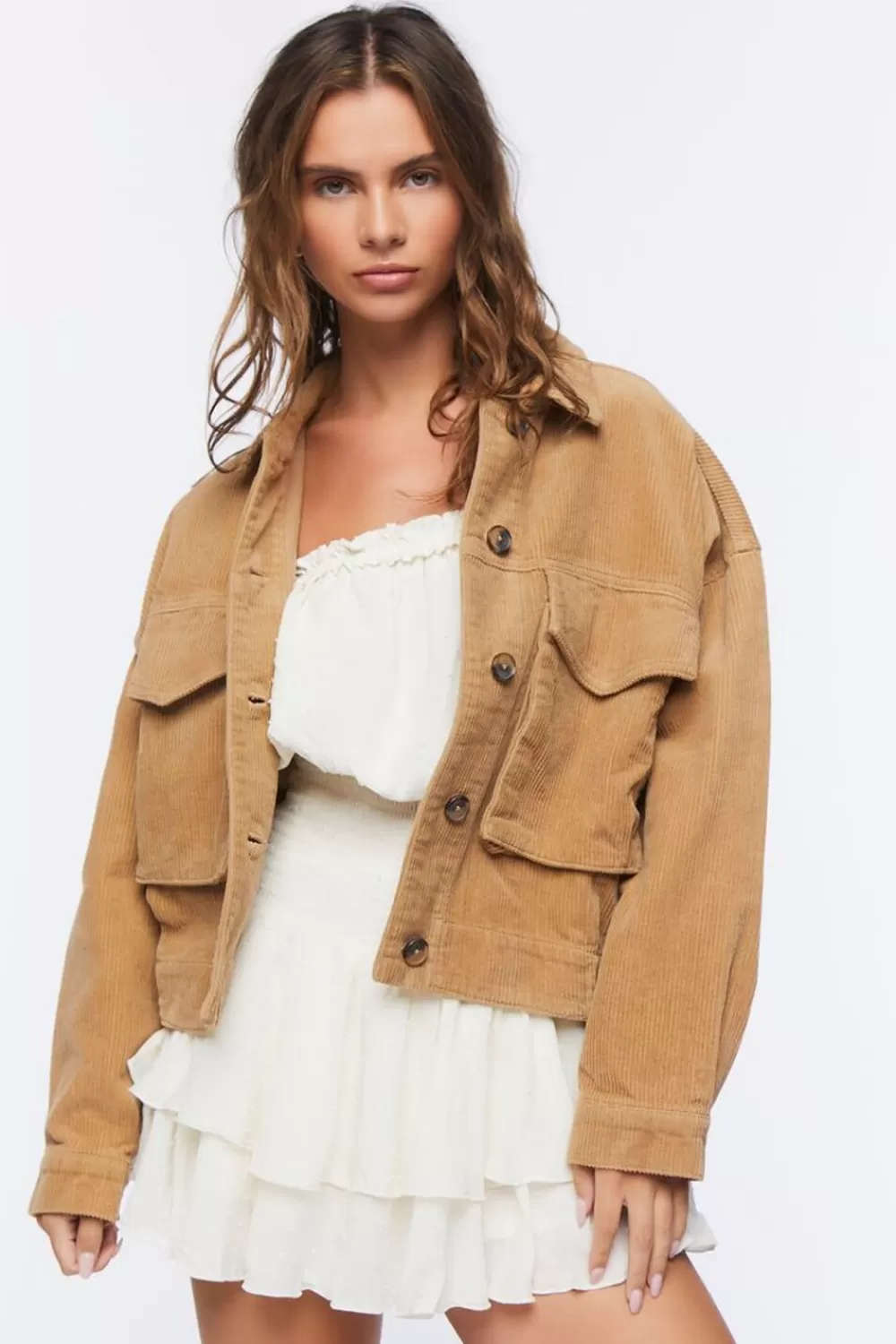 Jackets + Outerwear>Forever 21 Corduroy Button-Front Jacket Toast