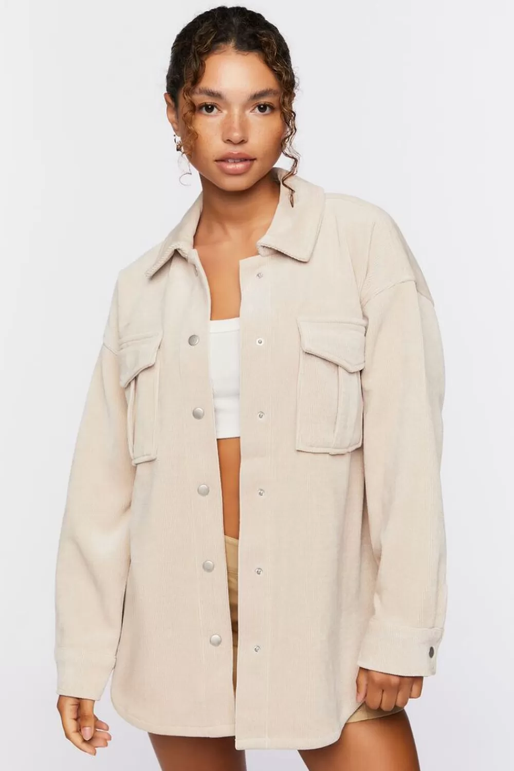 Jackets + Outerwear>Forever 21 Corduroy Button-Front Shacket Beige