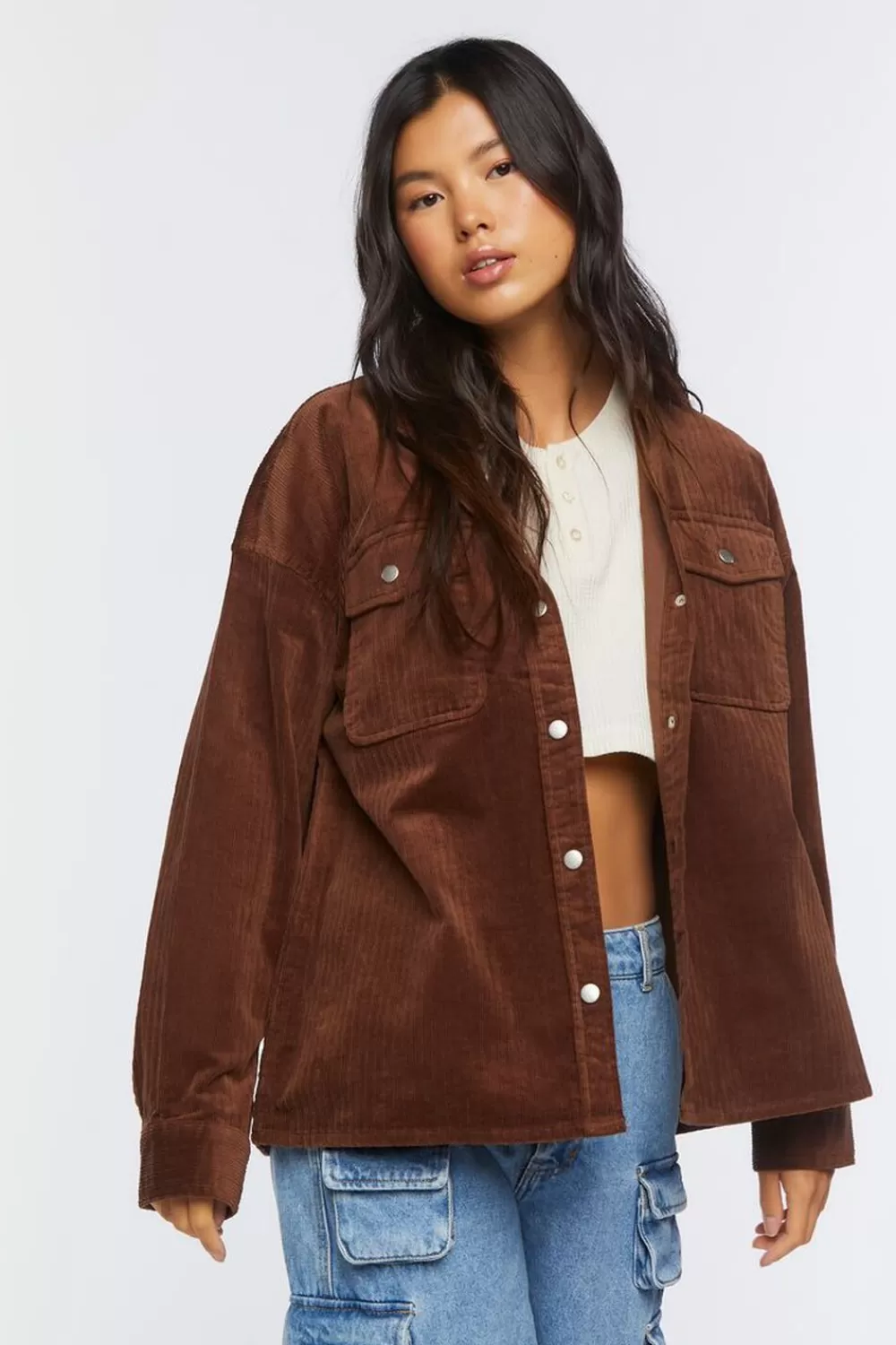 Jackets + Outerwear>Forever 21 Corduroy Button-Front Shacket Turkish Coffee