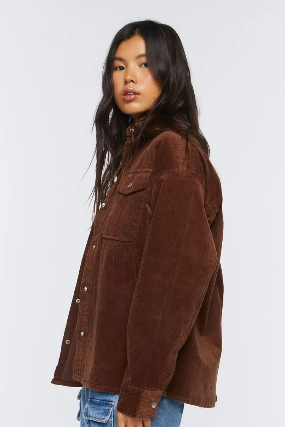 Jackets + Outerwear>Forever 21 Corduroy Button-Front Shacket Turkish Coffee