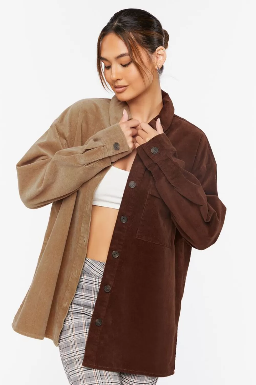 Jackets + Outerwear>Forever 21 Corduroy Colorblock Shacket Brown/Light Brown