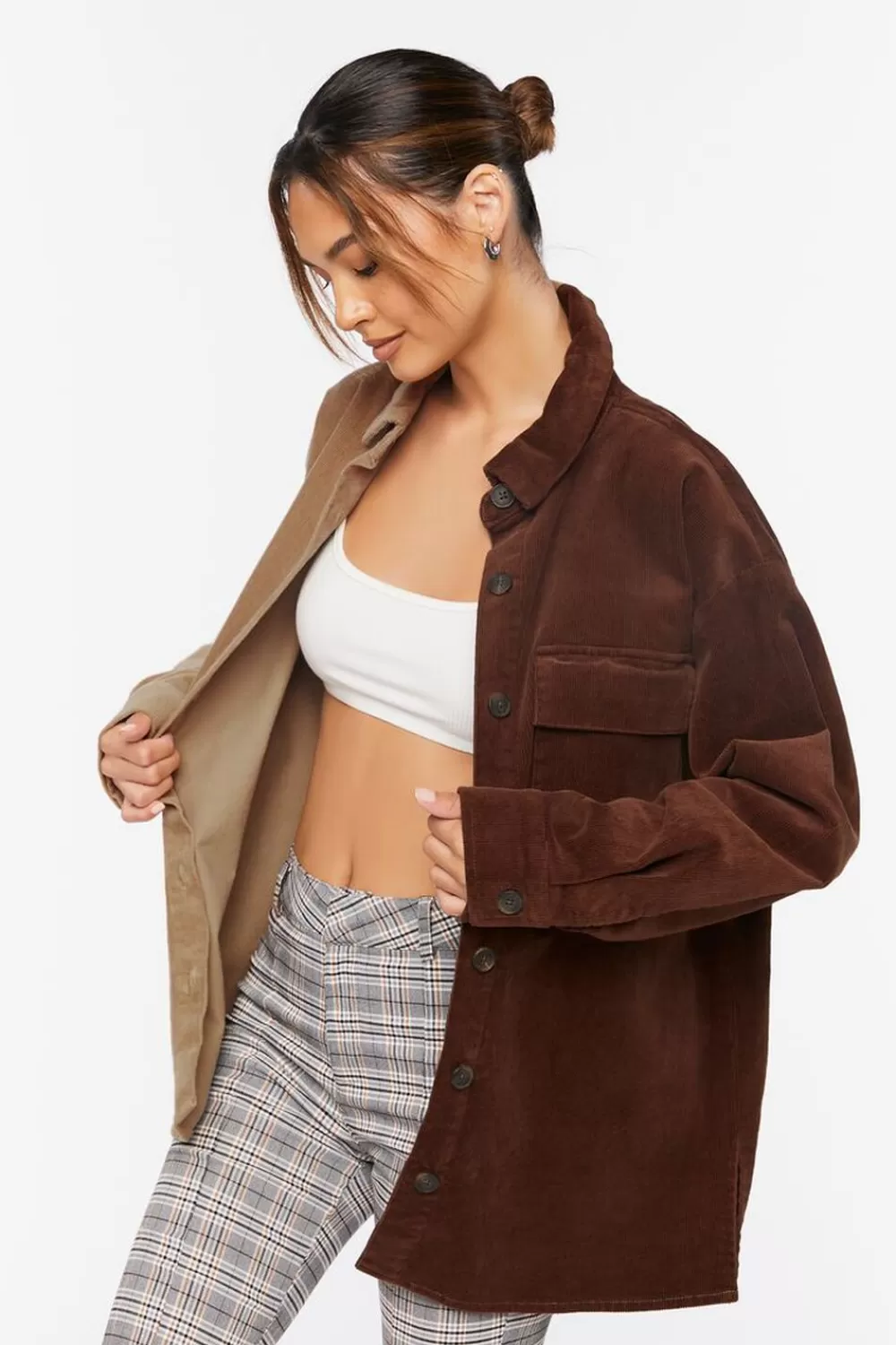 Jackets + Outerwear>Forever 21 Corduroy Colorblock Shacket Brown/Light Brown