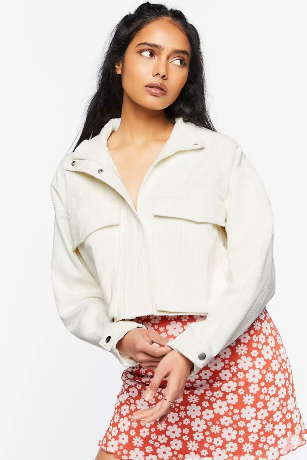 Jackets + Outerwear>Forever 21 Corduroy Cropped Jacket Cream
