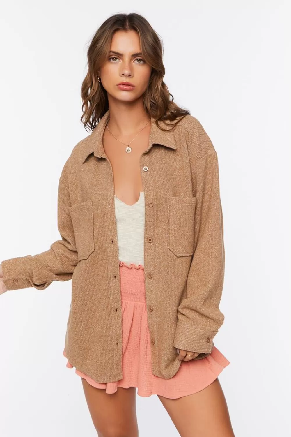 Jackets + Outerwear>Forever 21 Corduroy Dolphin-Hem Shacket Brown