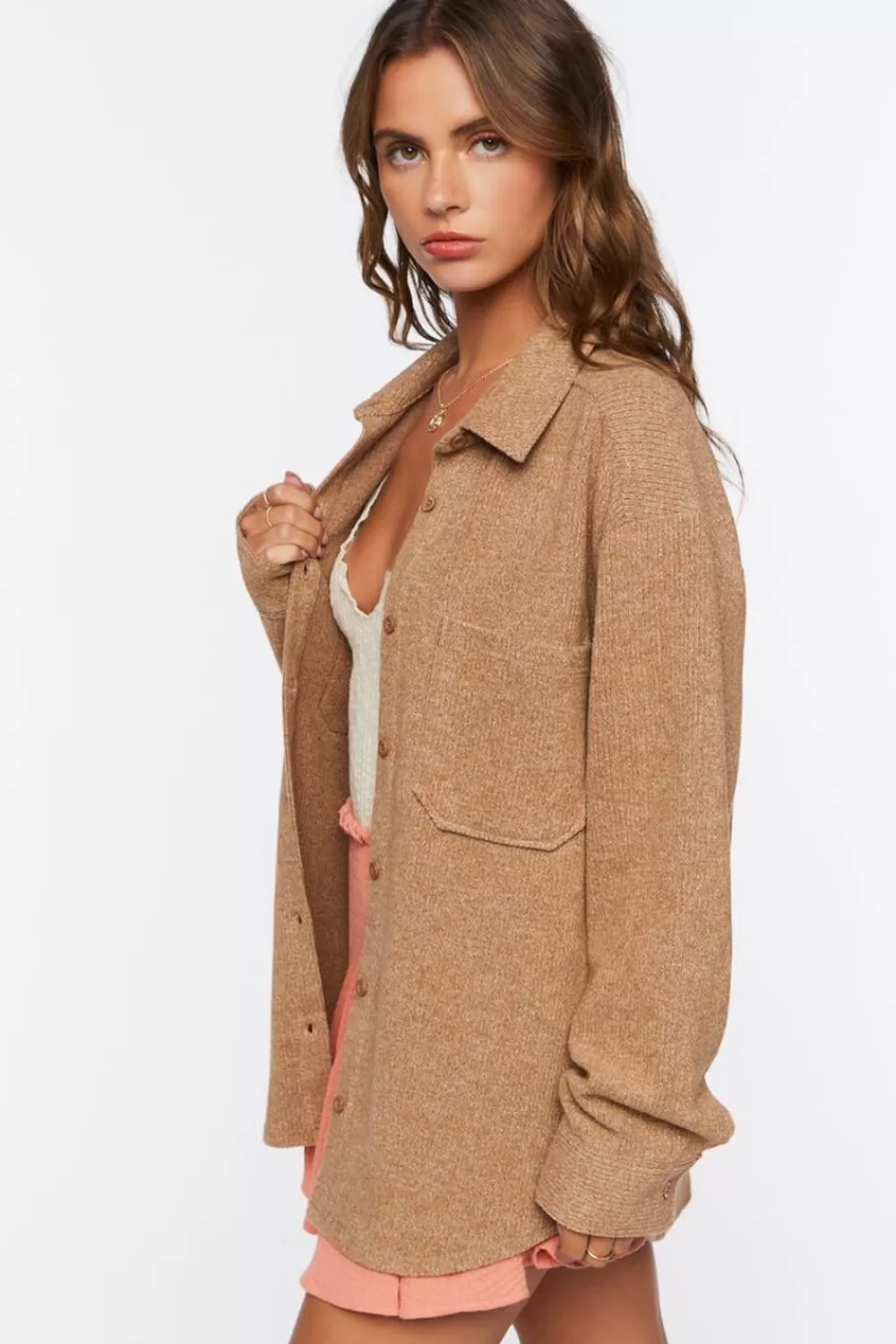 Jackets + Outerwear>Forever 21 Corduroy Dolphin-Hem Shacket Brown