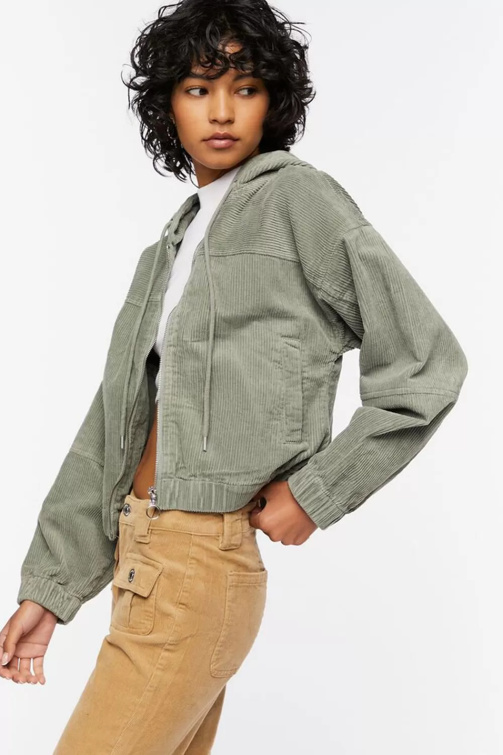Jackets + Outerwear>Forever 21 Corduroy Hooded Jacket Tea